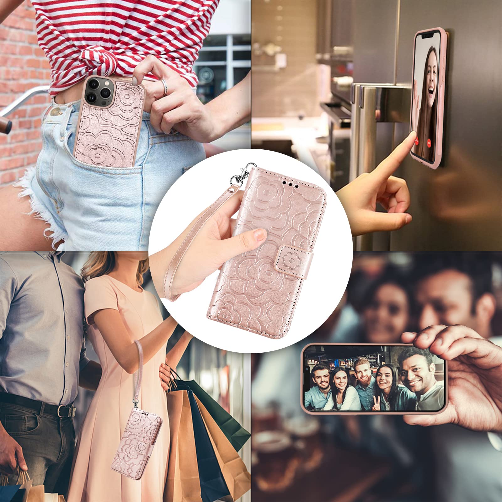 Magnetic Detachable Wallet Case for iPhone 13 Pro Max 5G - Leather Folio Flip Cover with RFID Card Holder & Strap - Women's Camellia Rose Pink Phone Case | Perfect for Everyday Use, Travel & Secure Card Storage