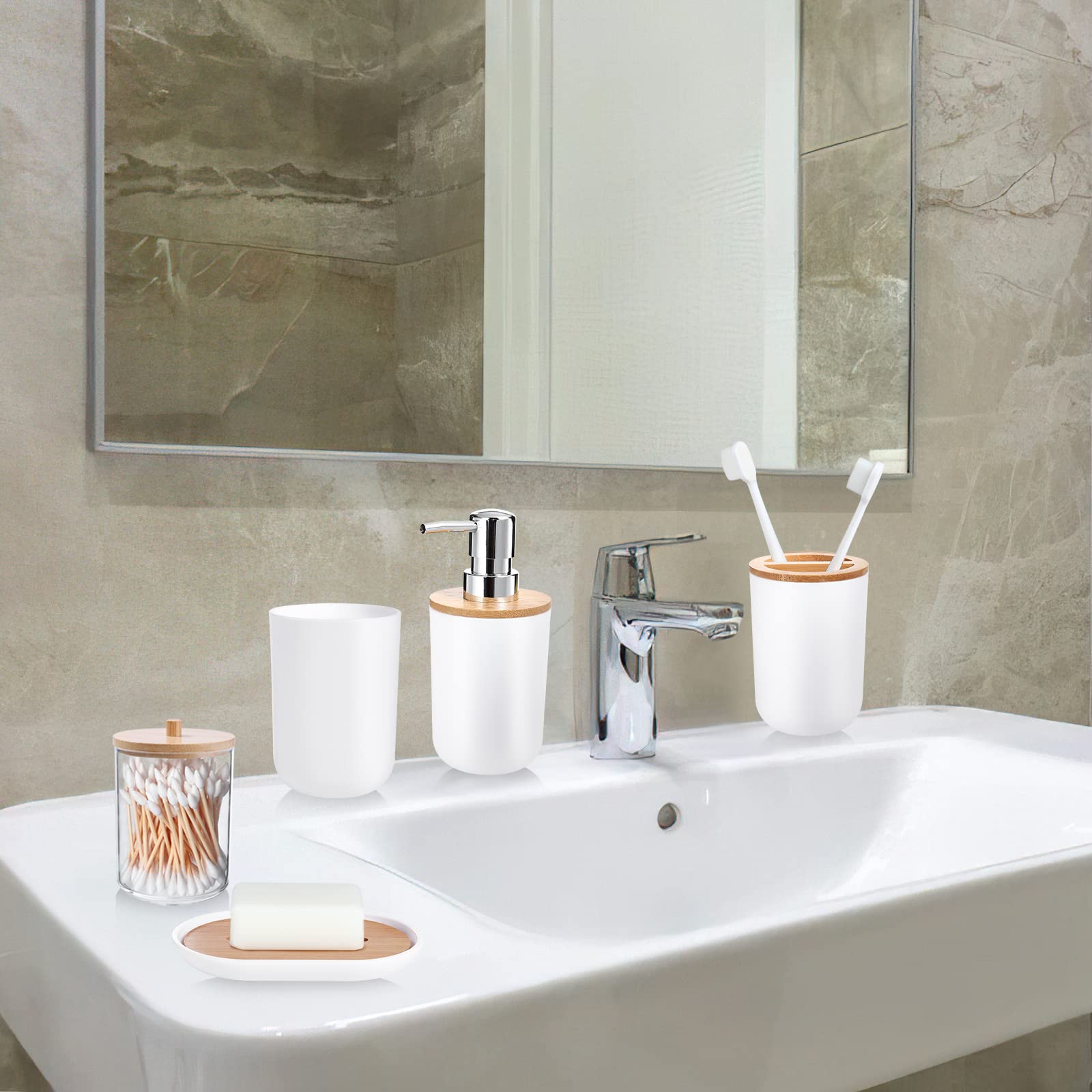 SLDIYWOW 9-Piece White Bathroom Accessories Set - Includes Trash Can, Vanity Tray, Soap Dispenser, Soap Dish, Toothbrush Holder, Cup, Toilet Brush & Q-Tip Holders | Modern Bathroom Organization for Home & Guest Bathrooms