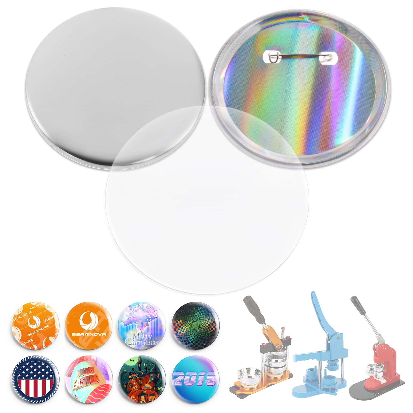 BEAMNOVA 100 Sets of 75mm (2.95 inch) Metal Button Parts Kit - Includes Reflective Back, Metal Top, Metal Clip Bottom & Plastic Film for Button Maker Machine - Perfect for DIY Crafts, Badge Making, and Custom Pins