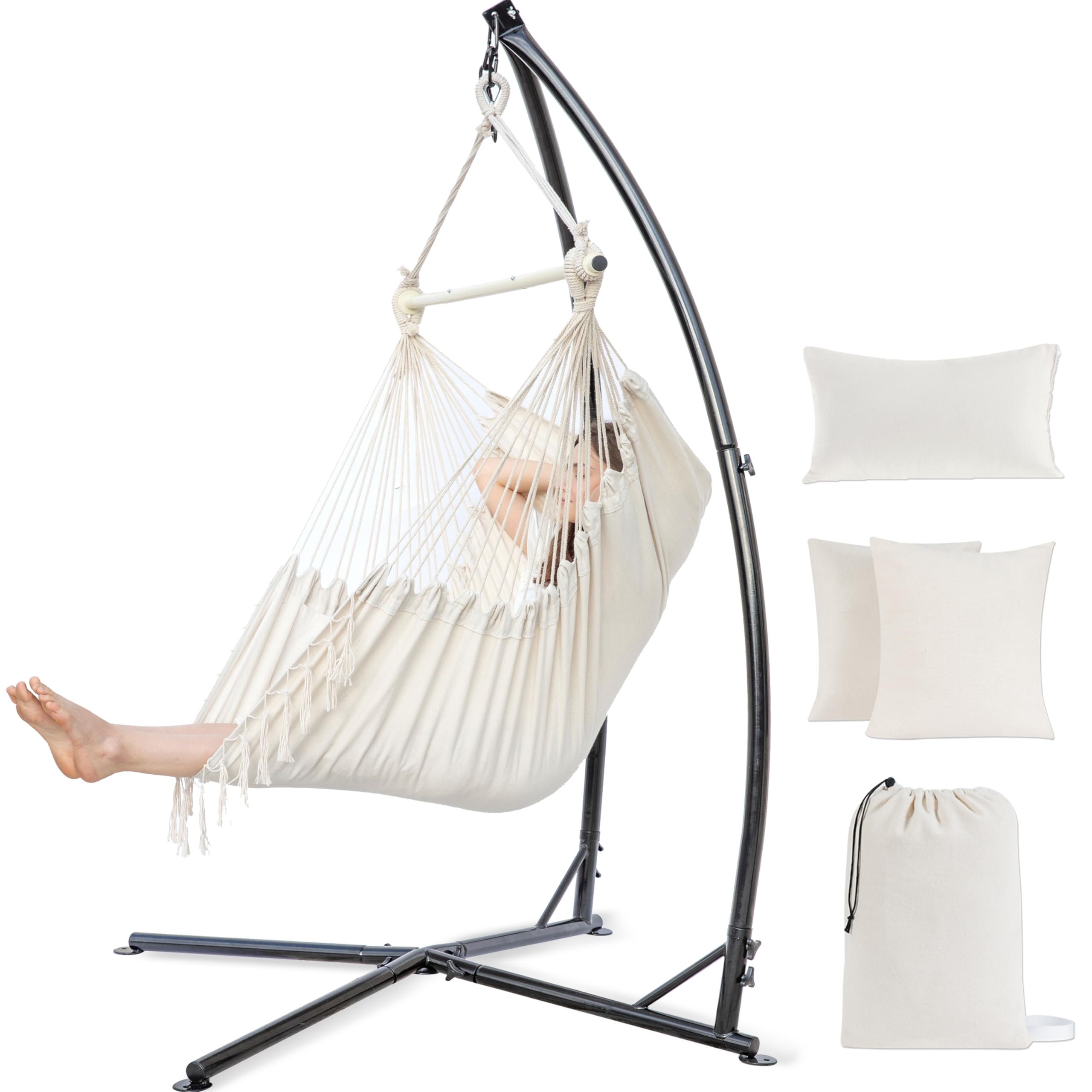 PNAEUT Hammock Chair with Stand for Indoor & Outdoor Use - Hanging Egg Swing Chair with Adjustable Pillow, 2 Cushions & Storage Bag - 350lbs Stand & 500lbs Chair Capacity - Perfect for Bedroom, Balcony, Patio & Backyard Relaxation (Beige)