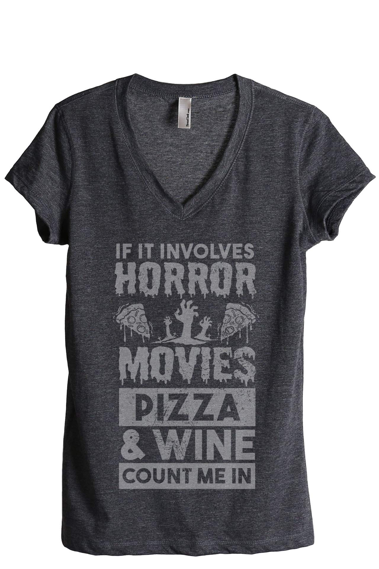 Horror Movie Pizza & Wine Women's Relaxed V-Neck T-Shirt - Casual Graphic Tee for Halloween, Movie Nights & Wine Parties