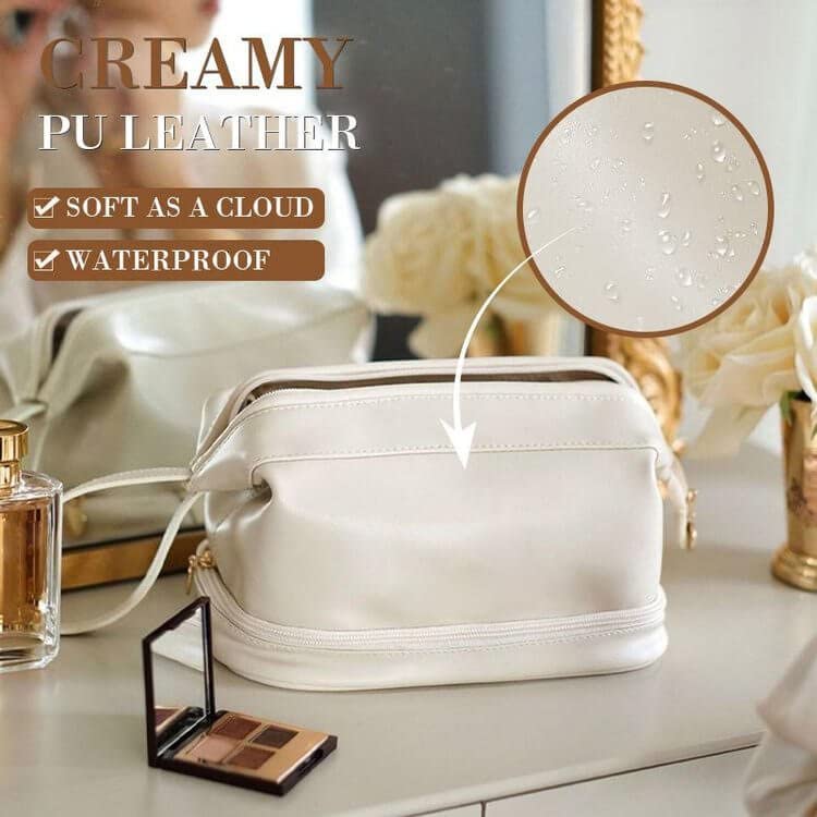 Large Capacity Waterproof Leather Makeup Bag Organizer - Travel Cosmetic Case for Women, Double Pink - Perfect for Travel, Gym & Daily Essentials Storage