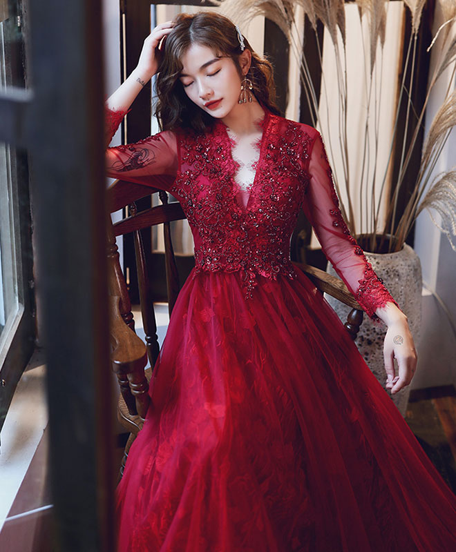 Elegant Burgundy V-Neck Tulle Lace Long Prom Dress for Women | Formal Evening Gown for Homecoming, Wedding, Party & Special Occasions