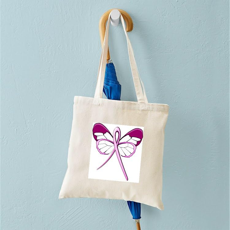 Breast Cancer Awareness Butterfly Tote Bag - Natural Canvas Reusable Shopping Bag for Women | Support Survivors, Grocery Shopping & Beach Day Essentials