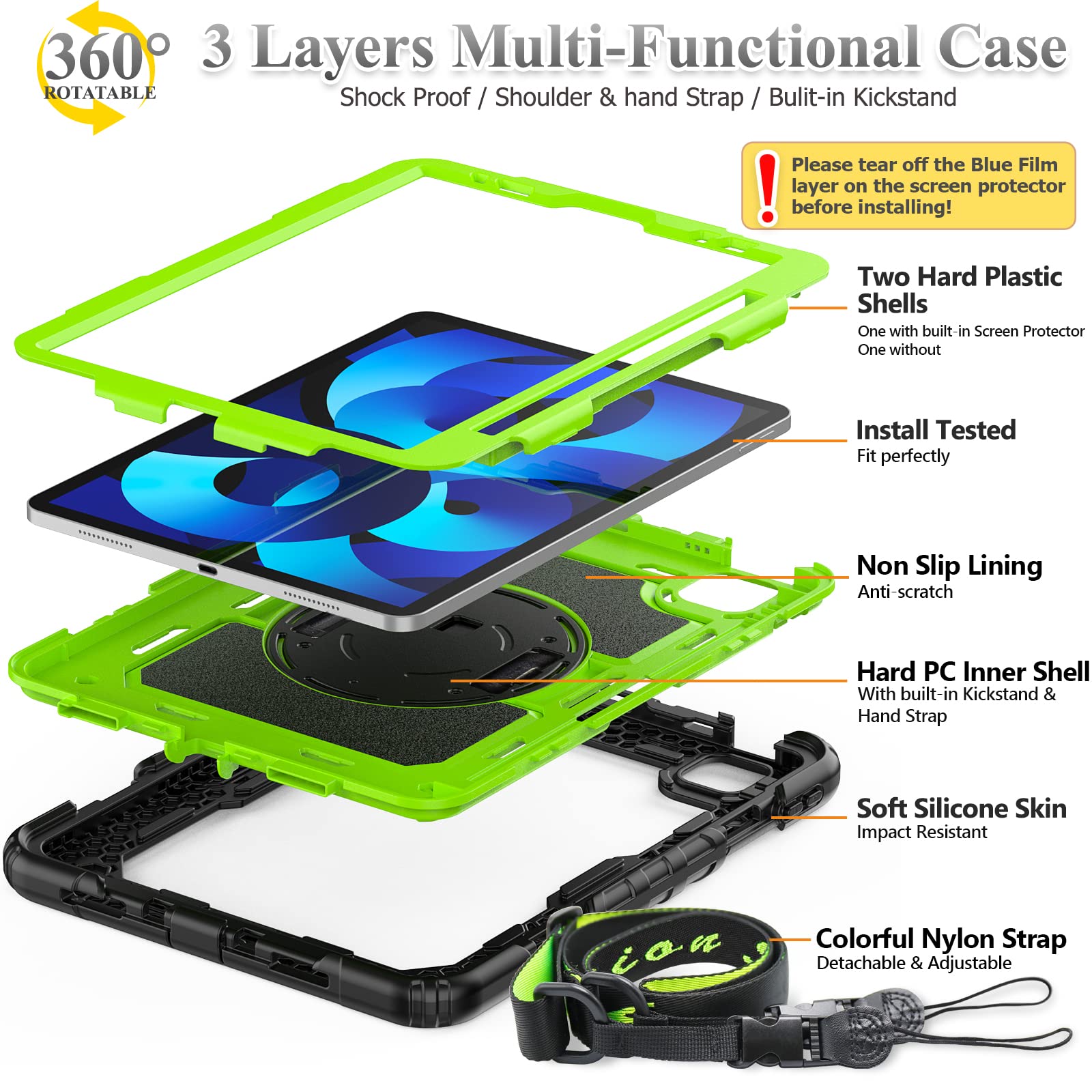 SEYMAC 360° Rotating Protective Case with Screen Protector & Pen Holder for iPad Air 5th/4th Gen 10.9