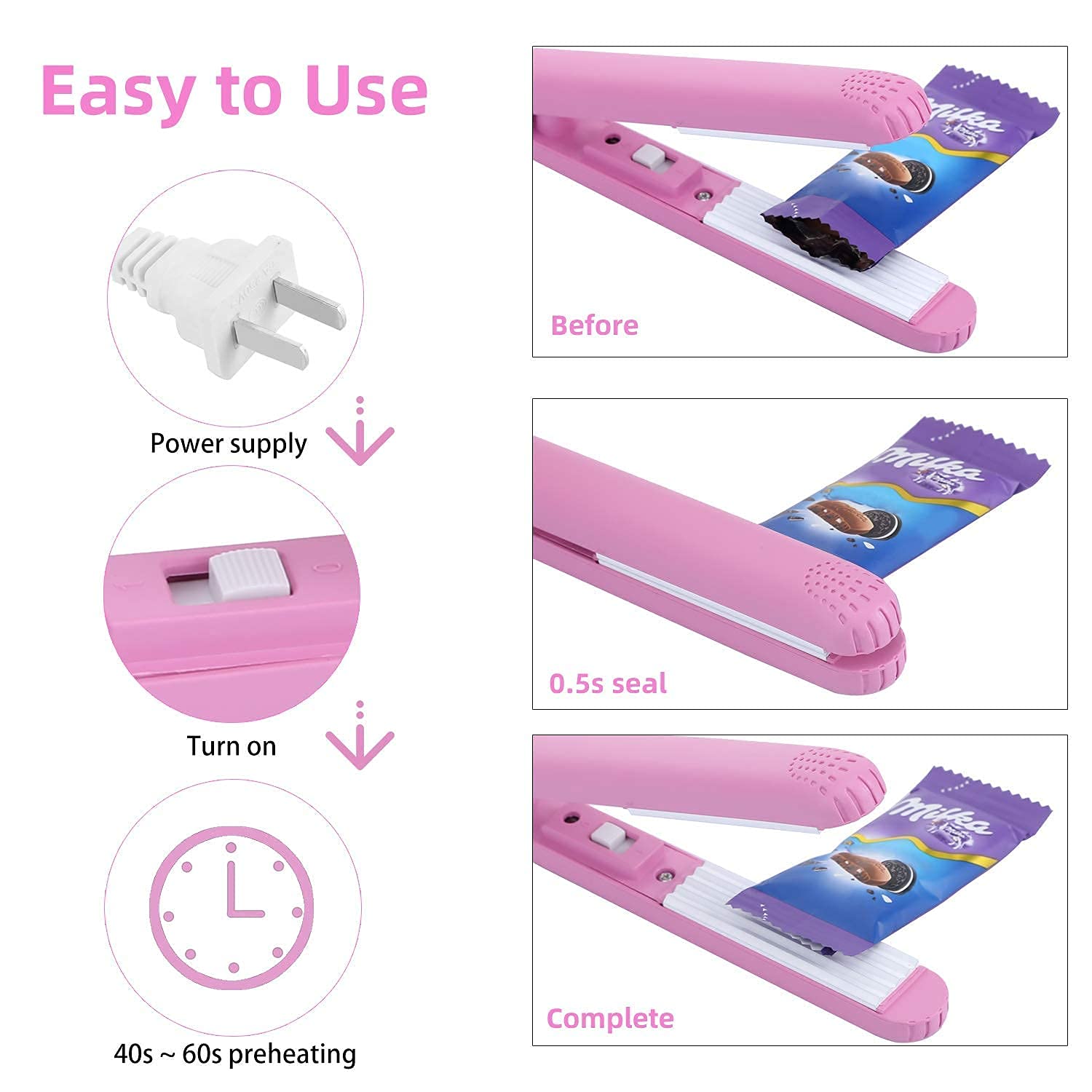 Mini Food Bag Heat Sealer Handheld - Portable Sealing Machine for Airtight Food Storage | Household & Kitchen Use | Seal Plastic Bags, Snacks, Chips & Leftovers (Pink)