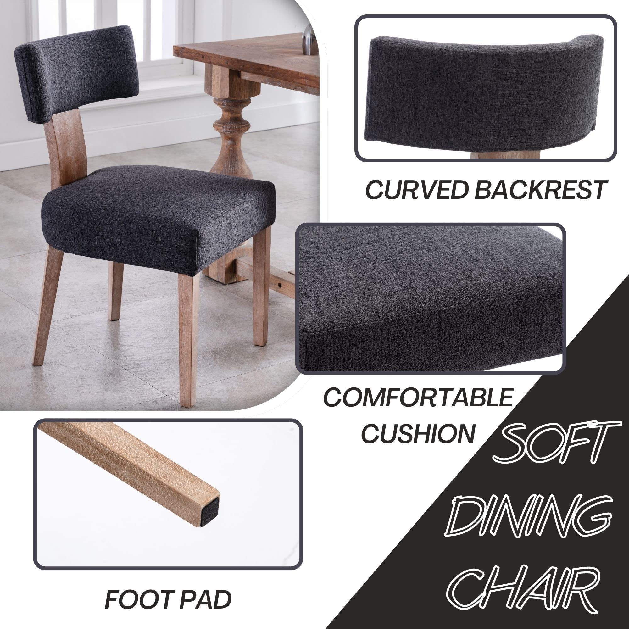 Modern Dining Chairs Set of 2 - Upholstered Side Chairs with Wood Legs & Linen Fabric - Wingback Design for Living Room, Bedroom, Dining Room - Charcoal Gray - Perfect for Home Decor, Dinner Parties & Cozy Seating