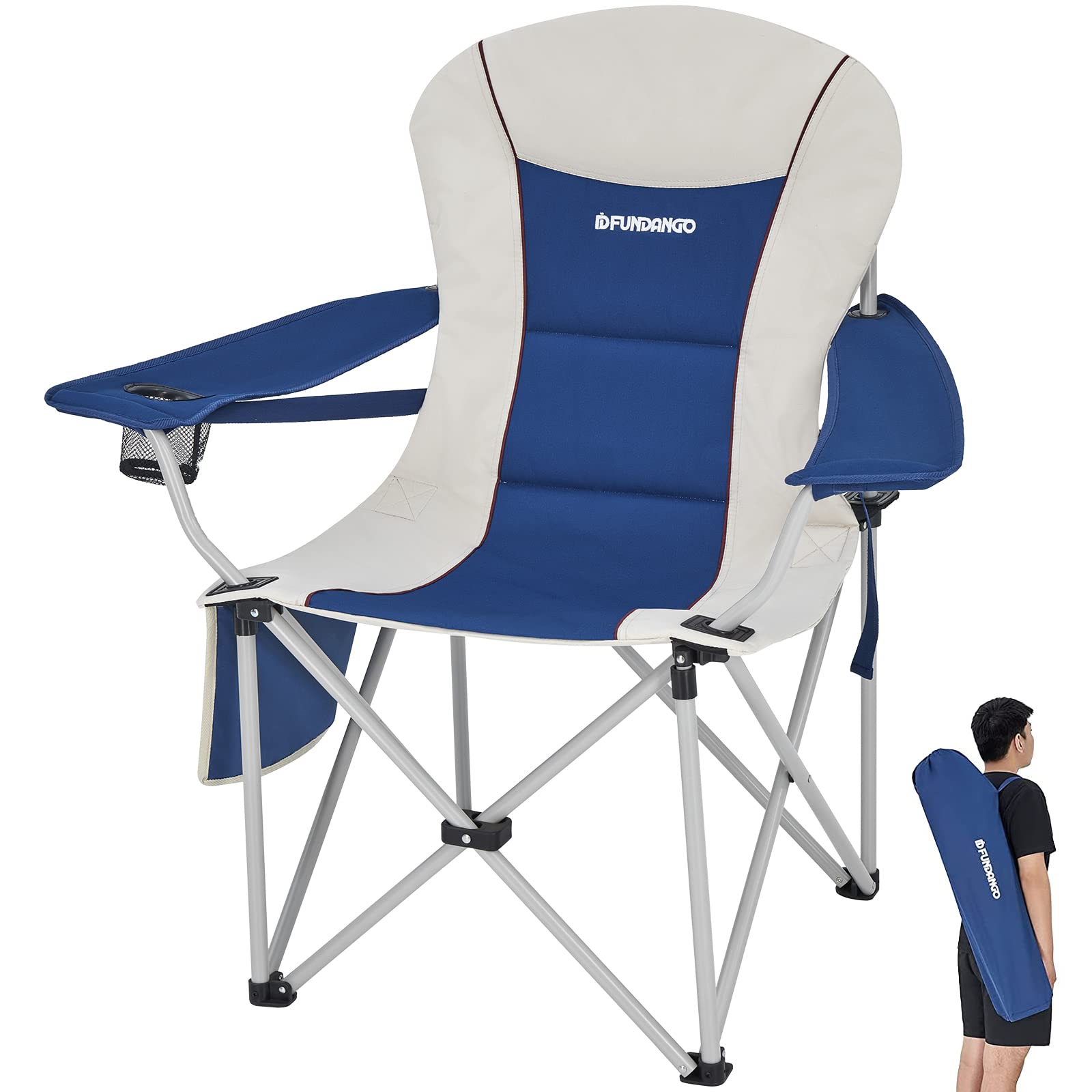 FUNDANGO Oversized Camping Chair Heavy Duty - XL Folding Chair with Lumbar Support, Padded Seat, Cup Holder & Carry Bag - 300 lbs Capacity - Perfect for Outdoor Camping, Beach, Backyard & Picnic