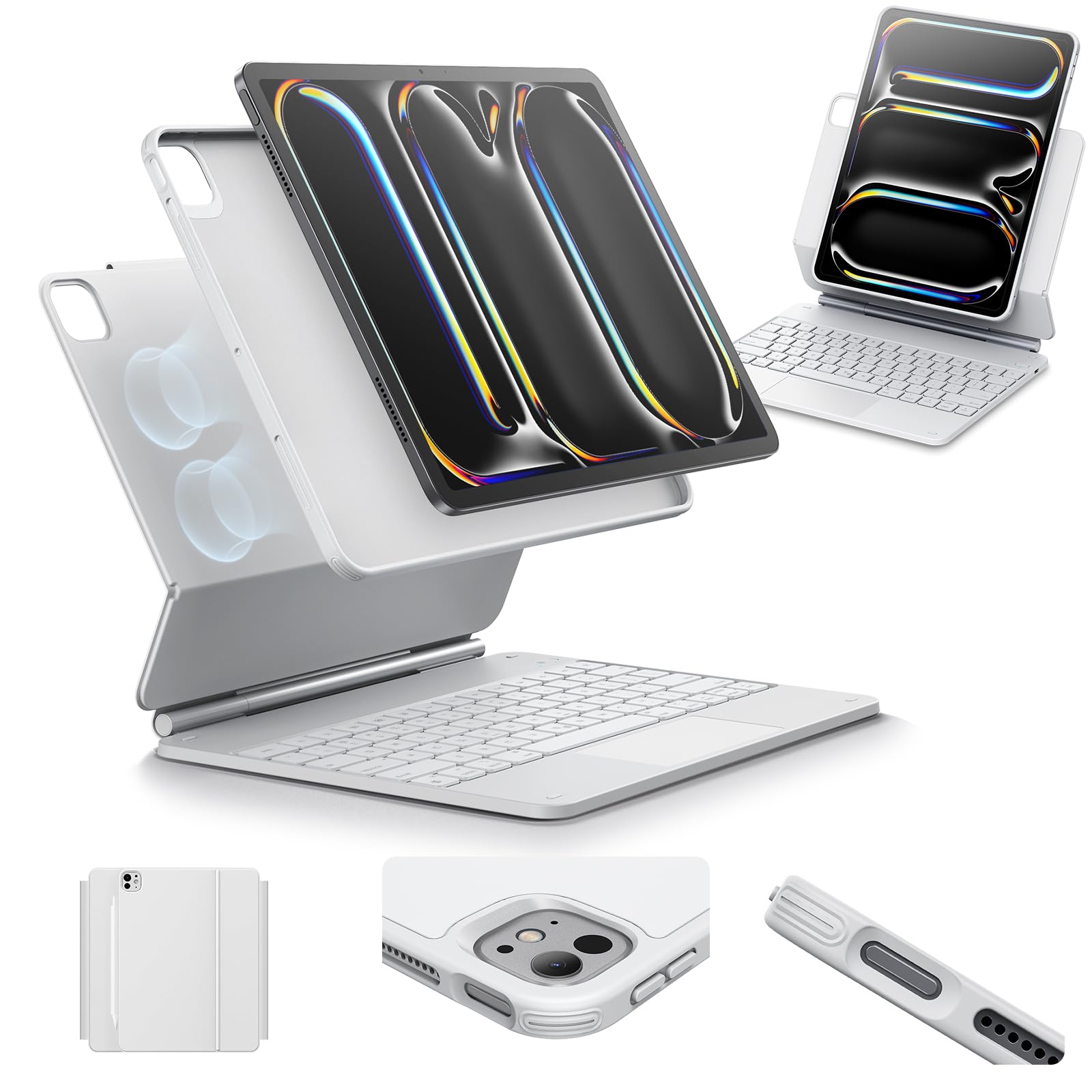 ESR iPad Pro 13 Inch Keyboard Case (2024, M4 Model) - Magnetic Stand with Portrait & Raised Modes | Rebound 360 Series | Detachable Protective Cover | White | Perfect for Work, Study & Travel
