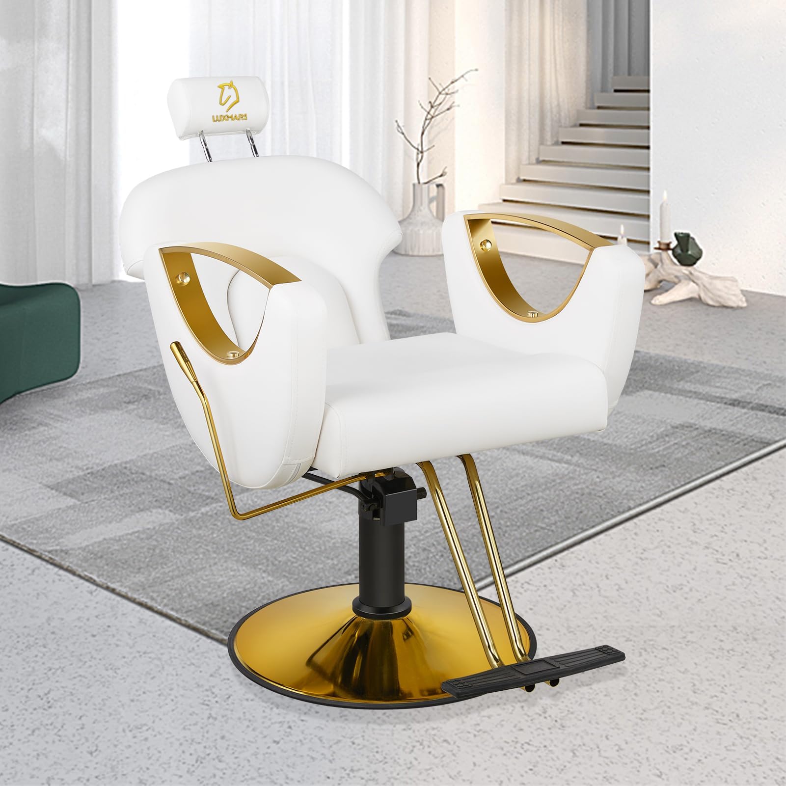Professional Hydraulic Barber Chair - 360° Swivel Reclining Salon Styling Chair with Rolling Casters | White Hair Cutting & Shampoo Equipment for Barber Shops & Home Salons