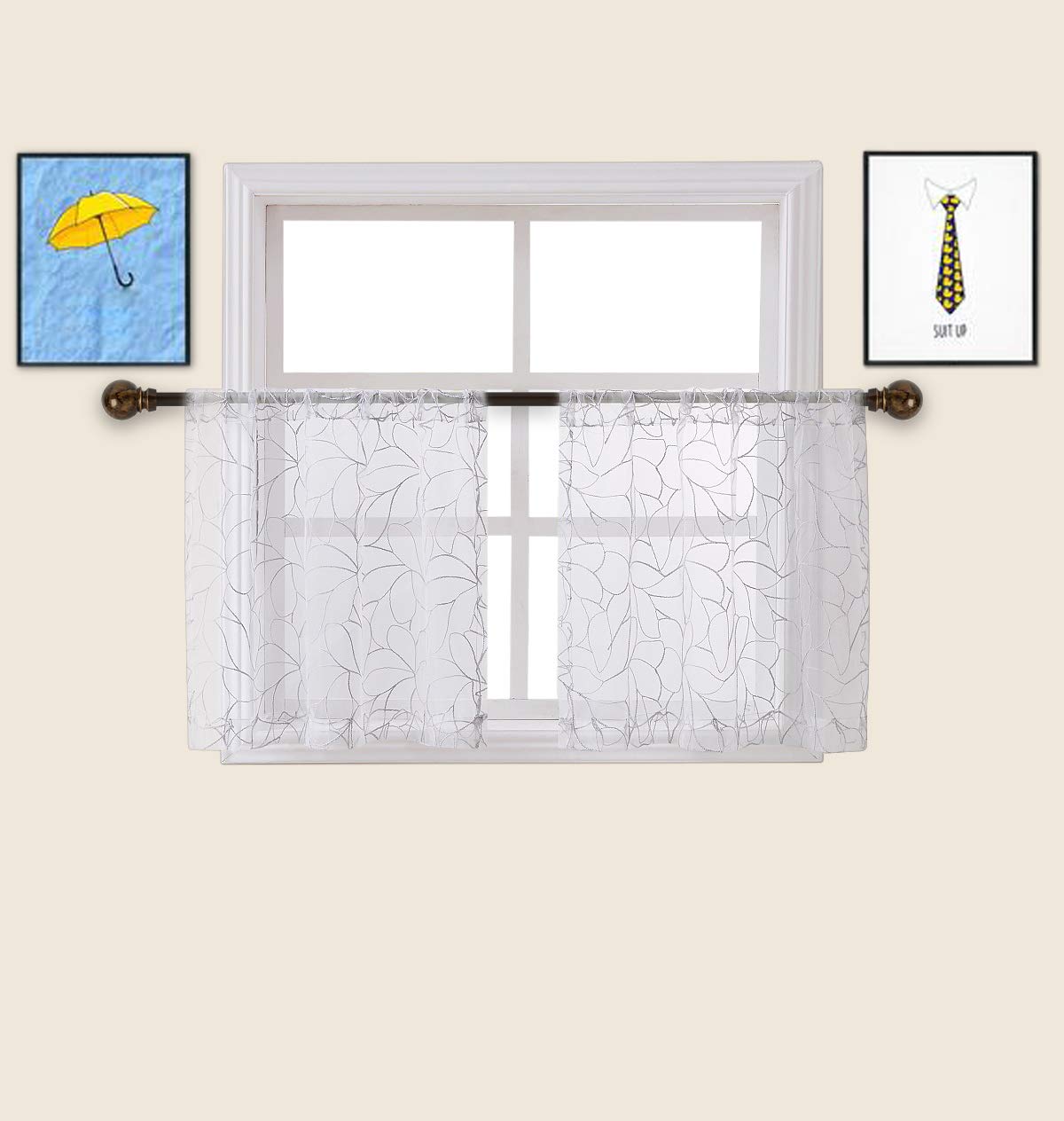 30 x 24 Inch Short White Kitchen Curtains with Silver Grey Thread - Boho Cafe Style Window Treatments for RV, Basement & Bathroom | Warm Home Designs