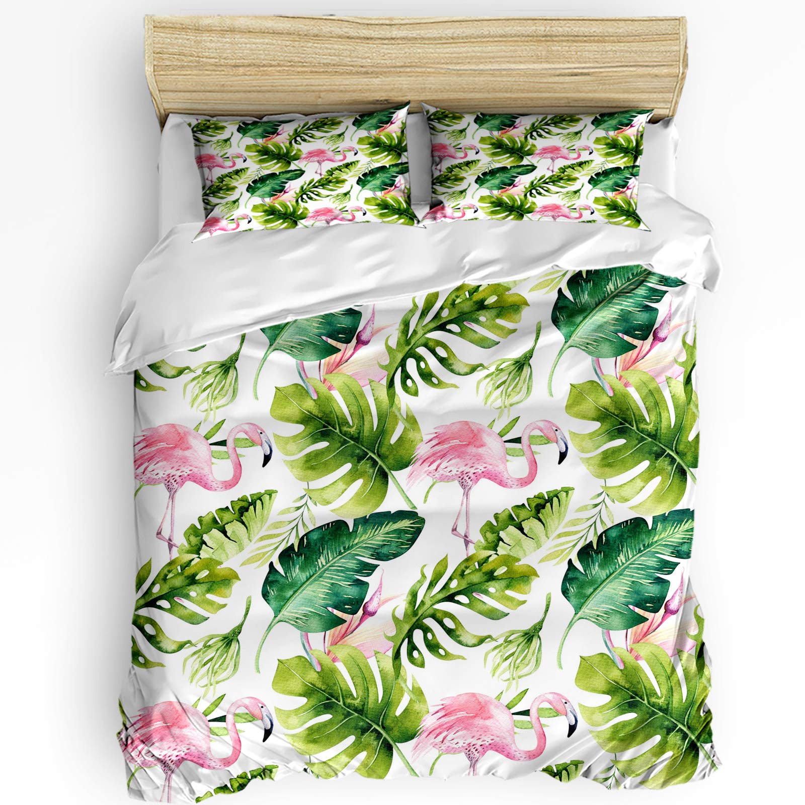 Ultra Soft Tropical Flamingo Leaves Duvet Cover Set Twin Size with Zipper Closure - 3 Piece Washed Comforter Cover (1 Duvet Cover + 2 Pillow Shams) - Perfect for Beach House Bedding, Boho Bedroom Decor & Summer Themed Guest Room