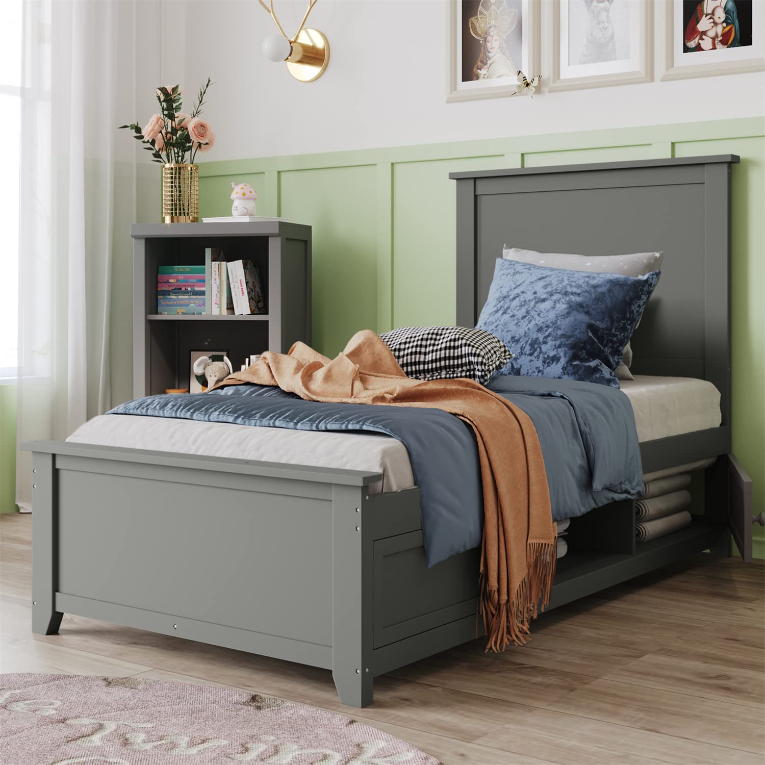 Twin Size Bed Frame with Storage Box - Solid Wood Platform Bed with Headboard & Footboard, 10-Slat Support for Kids & Adults (No Box Spring Needed) - Perfect for Small Spaces, Guest Rooms & Kids' Bedrooms - Gray