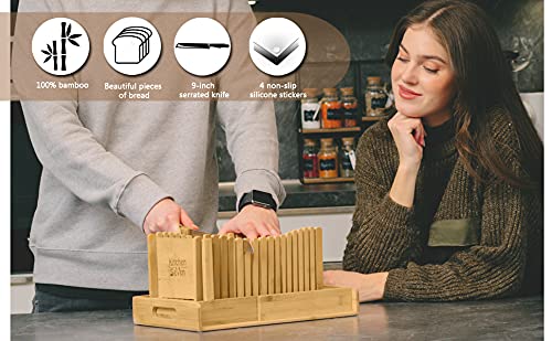 Premium Bamboo Bread Slicer with Crumb Tray - Adjustable 3-Size Bread Cutter for Homemade Bread, Loaf Cakes & Bagels - Compact Foldable Design for Easy Storage - Perfect for Kitchens, Bakeries & Breakfast Prep