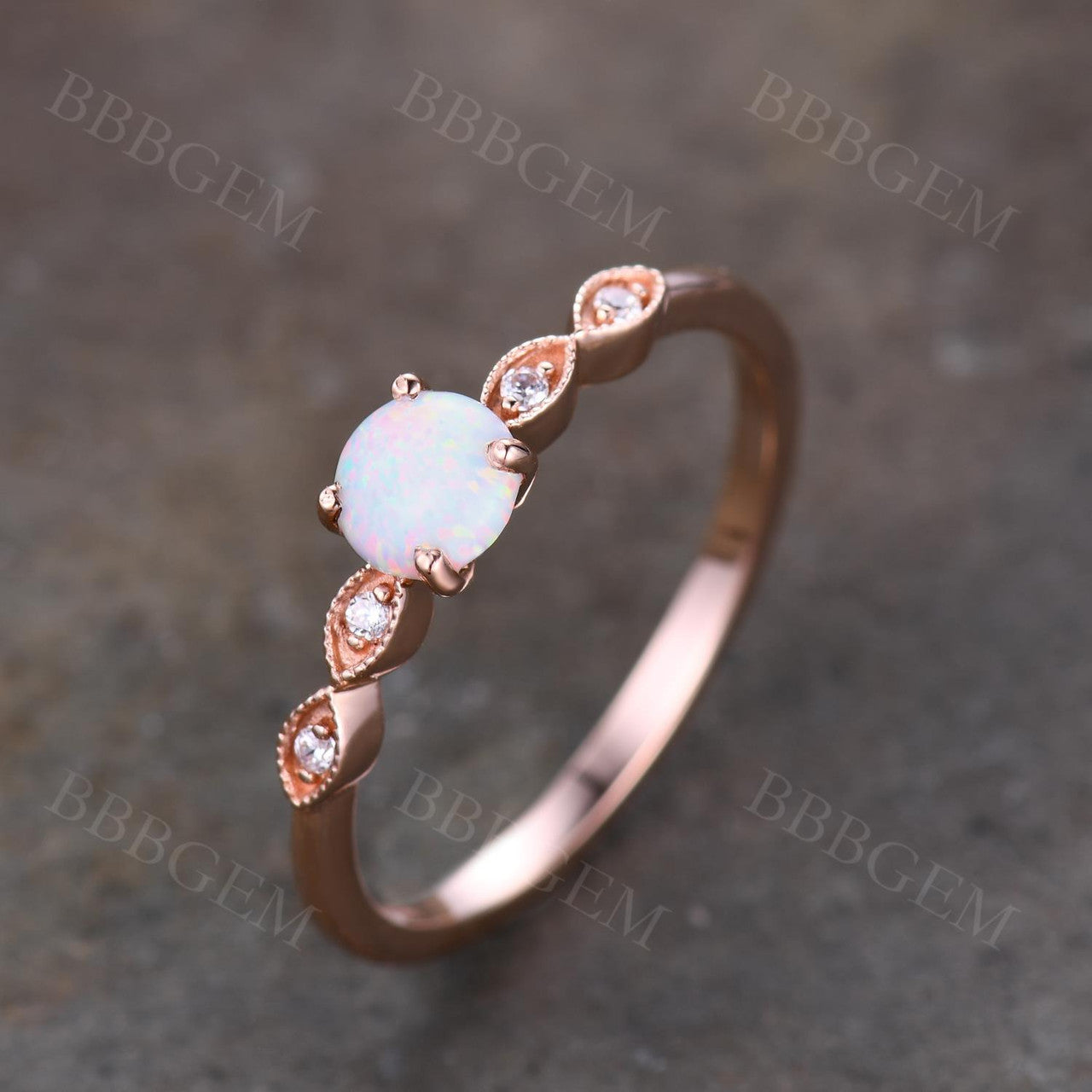 0.5 Carat Round White Opal Engagement Ring with Diamond Accent - Classic Vintage Style for Wedding, Proposal & Anniversary Gifts