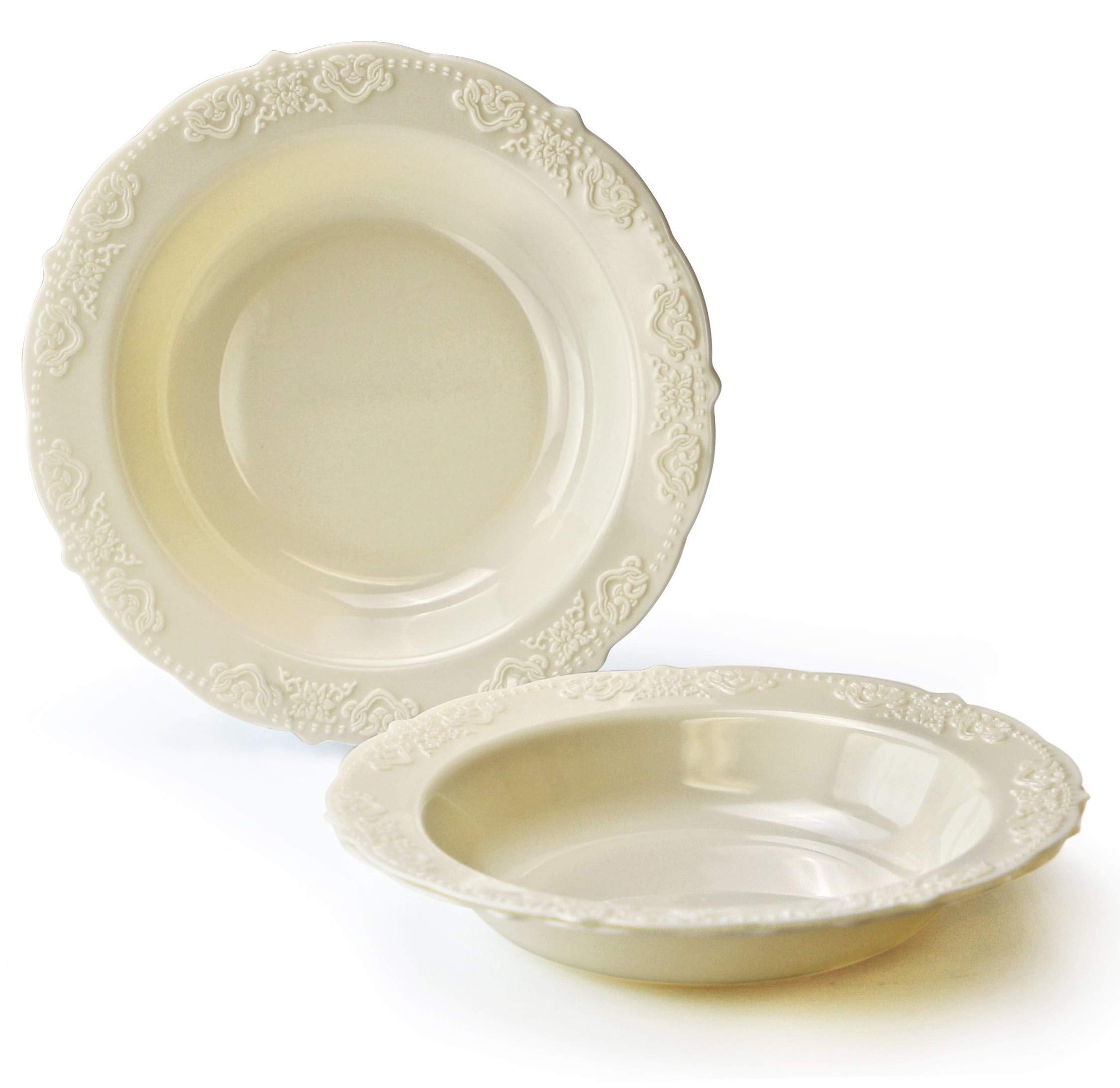 60-Piece Vintage Disposable Plastic Plates Set - 10oz Ivory Portofino Soup Bowls for Wedding, Party & Special Occasions | Elegant Tableware for Catering, Picnics & Family Gatherings