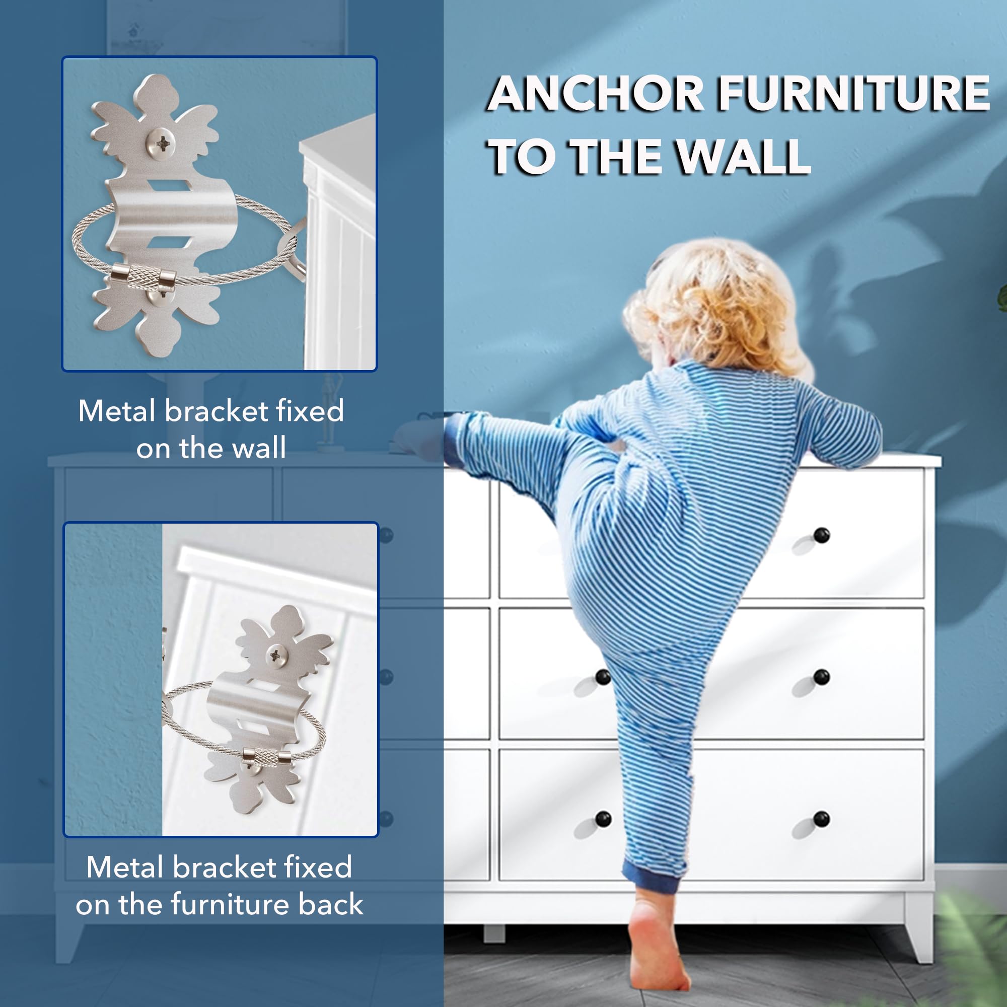 HAOWIN 10-Pack Heavy Duty Metal Furniture Anchors - Baby Proofing & Earthquake Safety Straps for Shelves, Dressers, Cabinets | Secure Wall Mounting for Child Safety & Home Protection