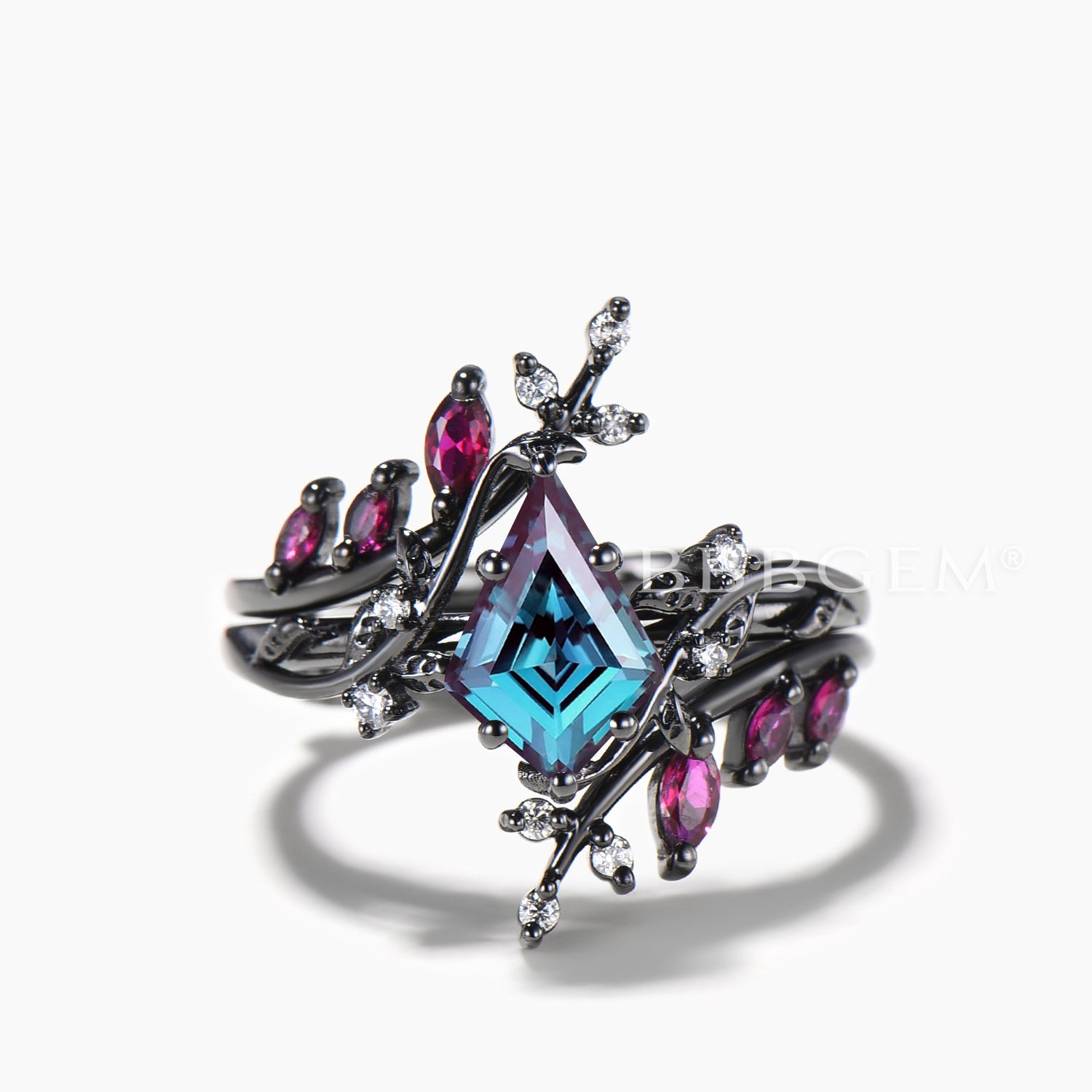 Color Changing Alexandrite & Ruby Twig Band Ring Set | Kite Cut Gemstone Bridal Enhancer | Perfect for Engagement, Wedding & Anniversary Gifts