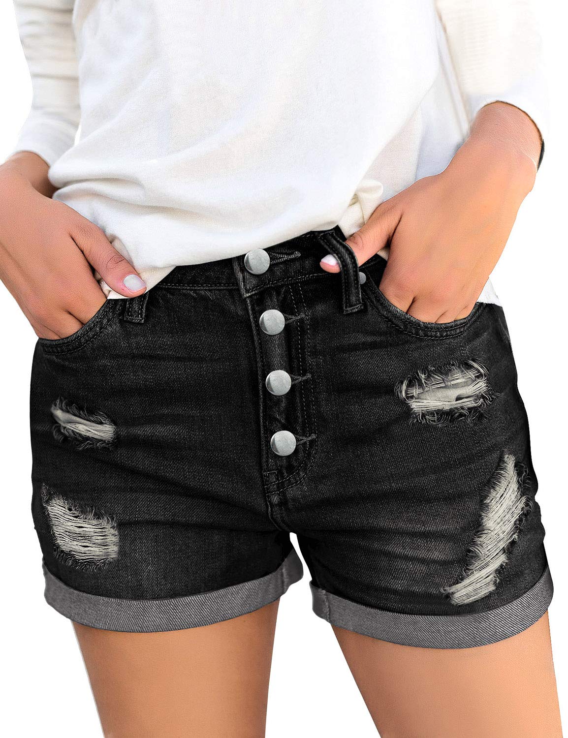 Luvamia Women's Ripped High Waisted Stretchy Denim Shorts with Cuffed Hem - Trendy Distressed Jean Shorts for Summer Outfits, Beach Vacations & Casual Street Style