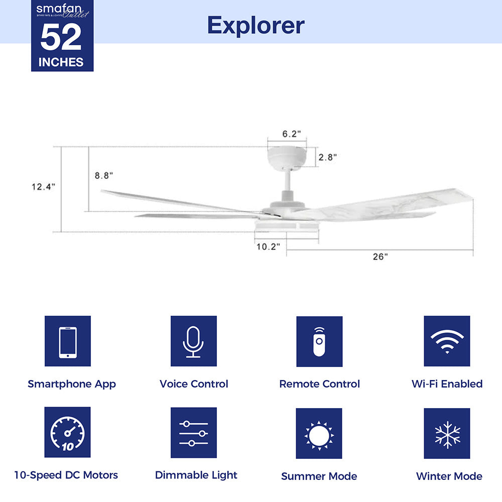 52 Inch Explorer Smart Fan with LED Light & Remote Control - Perfect for Outdoor Patio, Indoor Living Room & Bedroom Cooling