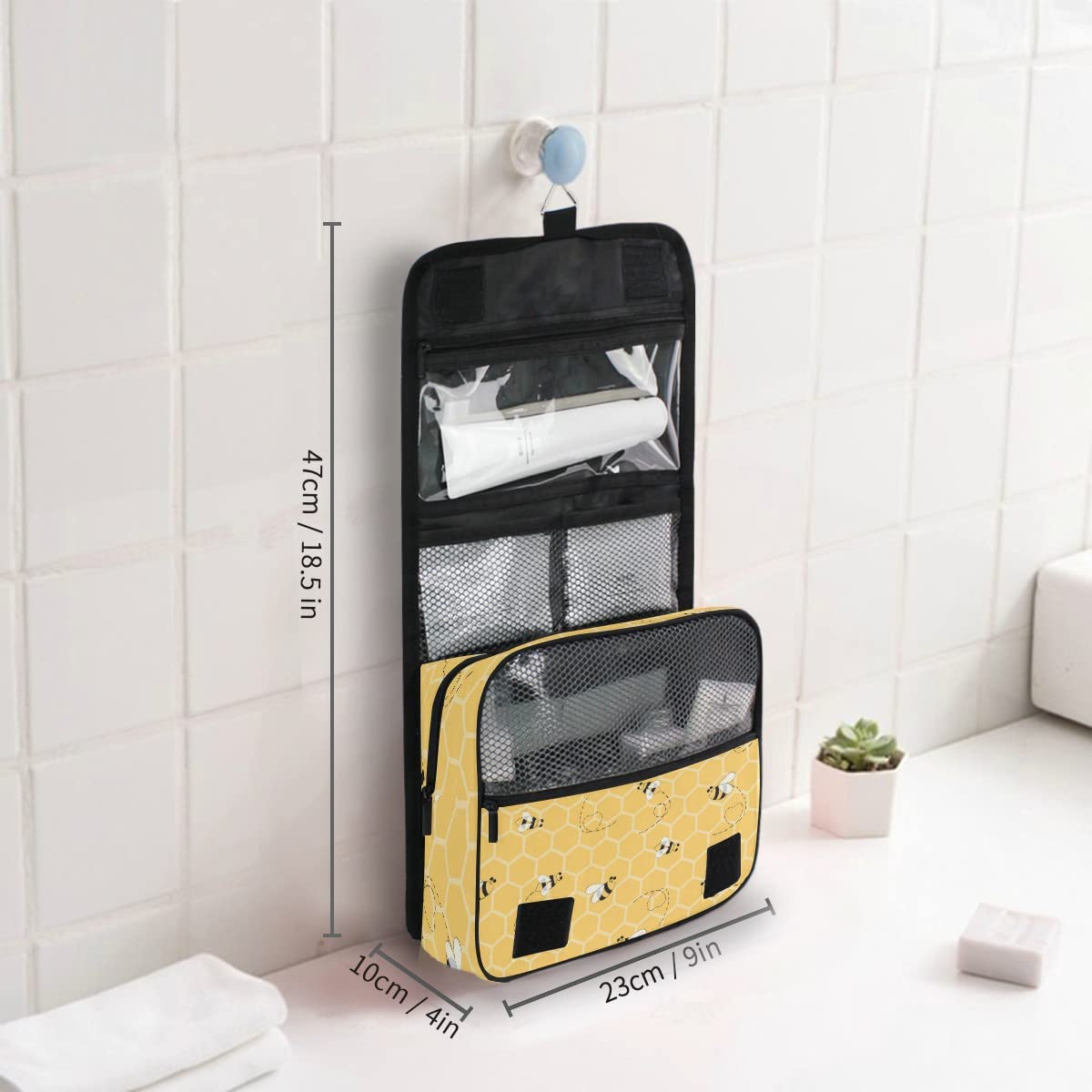 Cute Animal Bee Pattern Toiletry Bag for Women & Men - Travel Cosmetic Makeup Organizer with Hanging Hook | Portable Bathroom Essentials Pouch for Girls, Gym, Camping & Vacation Accessories