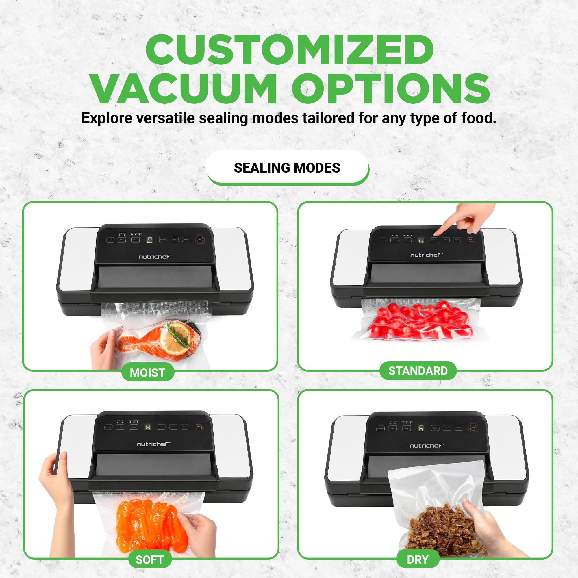NutriChef 80Kpa Powerful Vacuum Sealer Machine for Food Preservation - Dry, Moist & Pulse Modes with Dual Seal Technology | Built-in Roll Storage & Cutter | Includes Canister Hose & Bags | Perfect for Meal Prep, Sous Vide, Freezing & Long-Term Food Storage