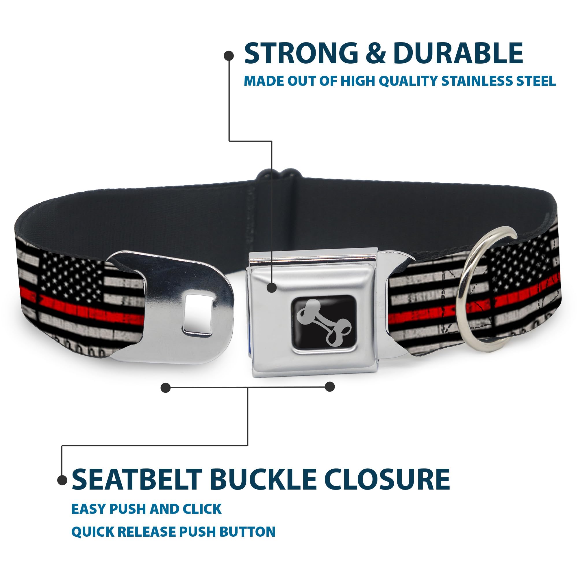 American Flag Dog Collar with Seatbelt Buckle - Thin Red Line Weathered Design, 16-23 Inches Adjustable, 1.5 Inch Wide - Perfect for Patriotic Pet Owners & Outdoor Adventures