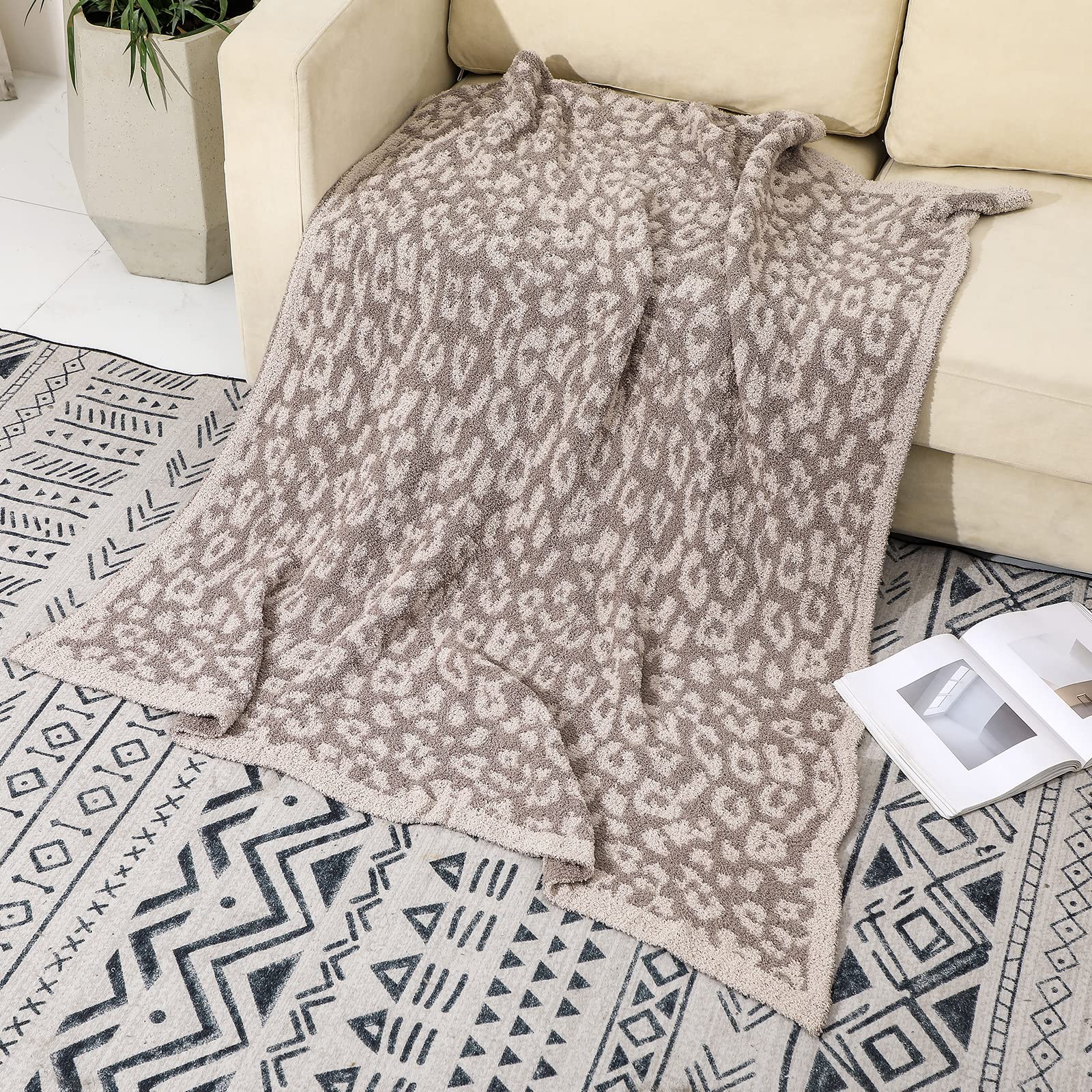 Bearberry Fuzzy Leopard Print Knitted Throw Blanket - Ultra Soft Cozy Microfiber Blanket for Couch, Sofa, Bed & Travel - Warm & Breathable (Linen/Warm Gray, 51x70 inches) - Perfect for Winter Nights, Movie Time & Home Decor