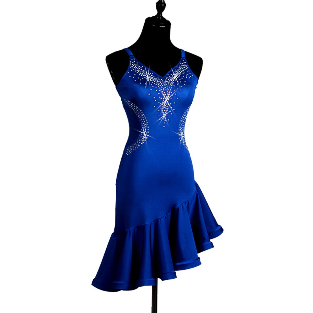 Latin Dance Dress for Cha Cha, Ballroom, Waltz & Rumba - Elegant Ruched Blue Performance Dress for Women | Perfect for Competitions, Performances & Social Dancing