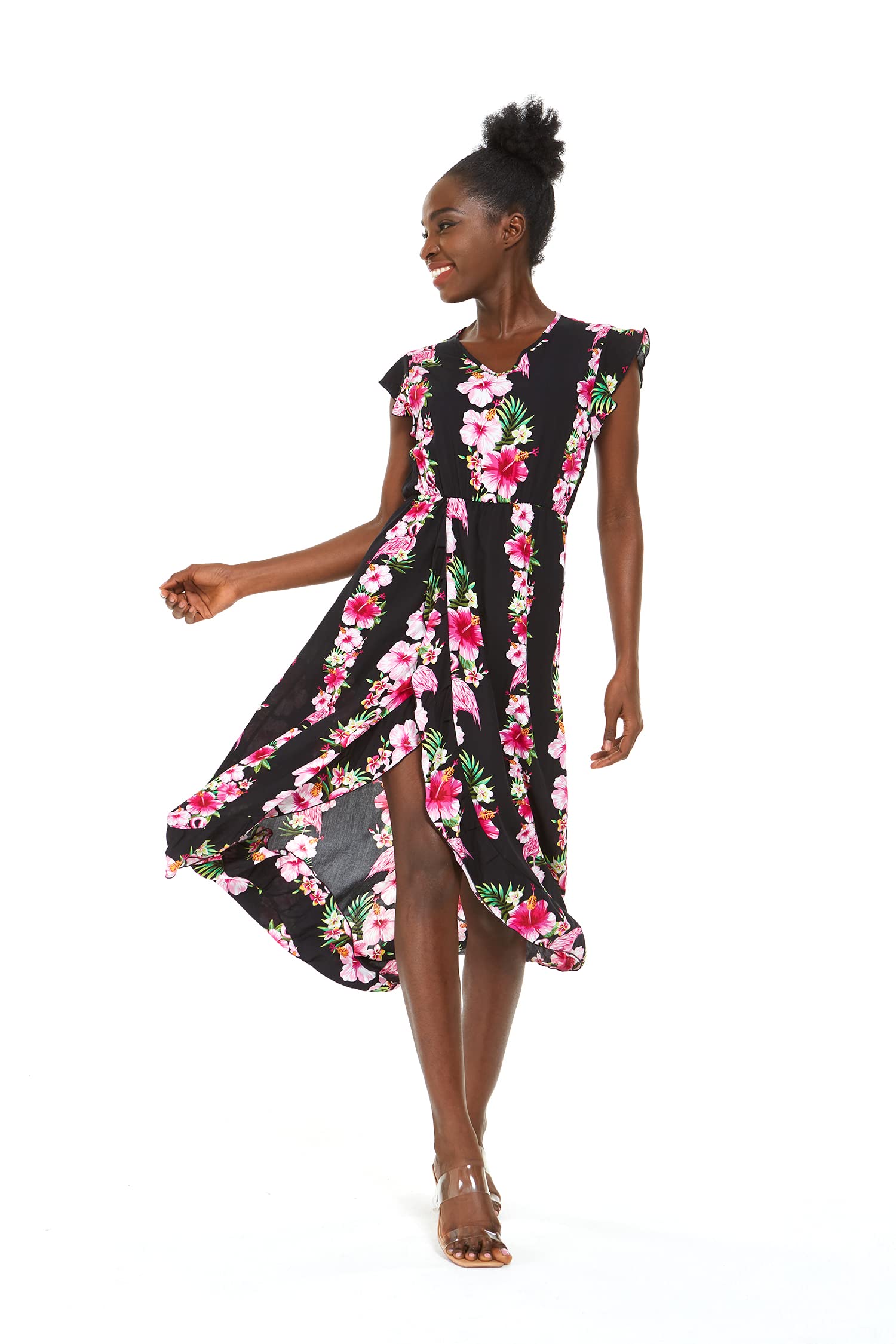 Hawaiian Luau Wrap Ruffle Dress for Women - Floral Hibiscus Vine Print - Perfect for Beach Parties, Summer Vacations & Tropical Getaways