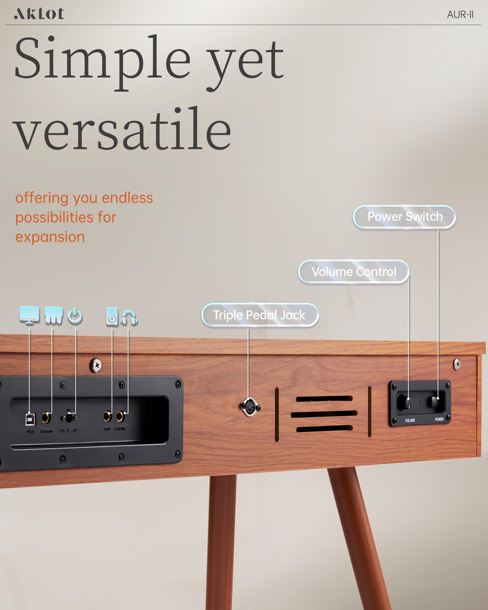 AKLOT 88-Key Weighted Digital Piano Keyboard - Graded Hammer Action, French Dream Sound Chip, Stand & Triple Pedal - USB MIDI & Bluetooth Connectivity - AUR-II Natural Wood Finish - Perfect for Home Studios, Stage Performances & Piano Lessons