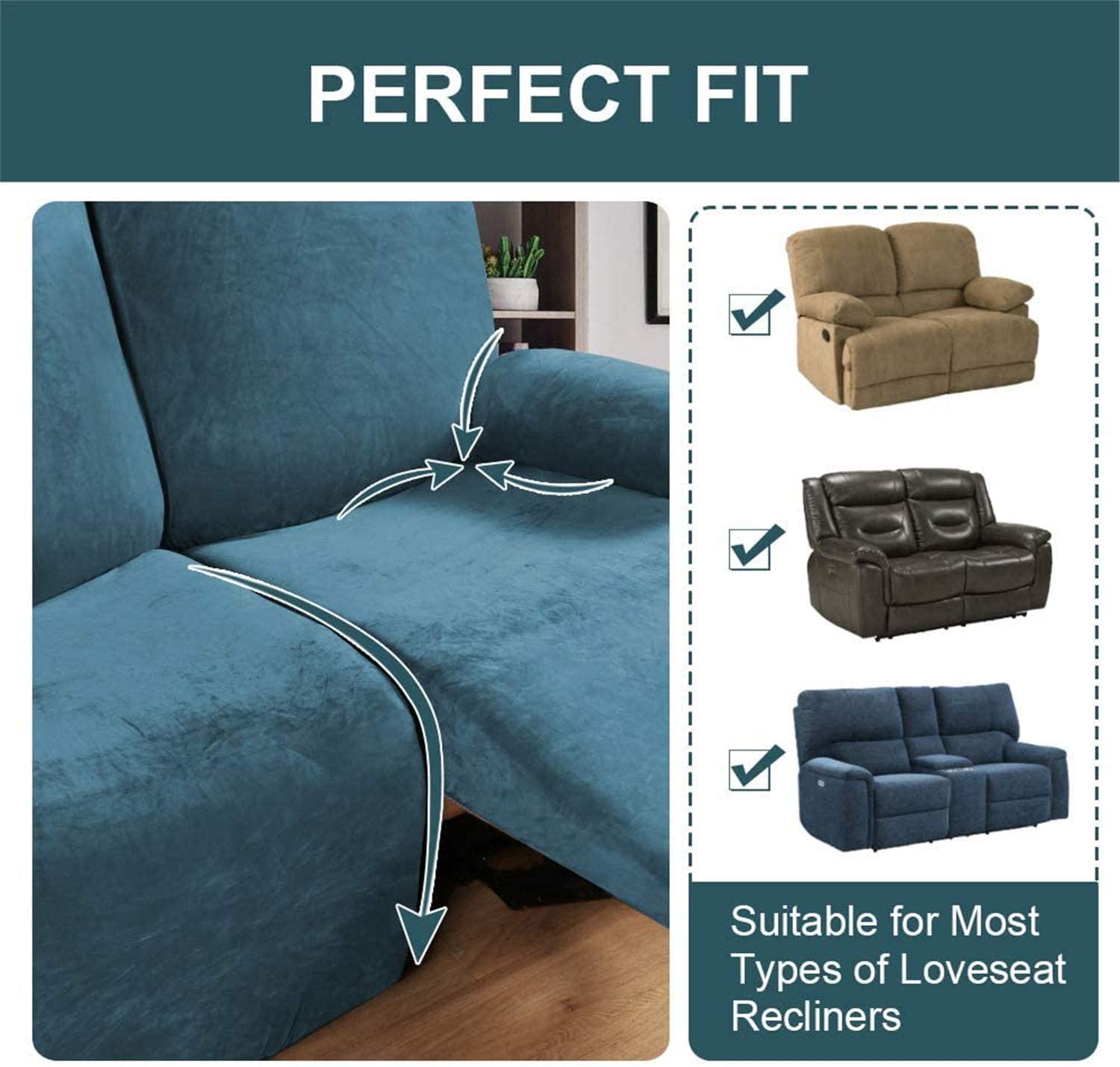 6-Piece Velvet Recliner Sofa Cover Set - Stretchable 2-Seater Loveseat Slipcover with Side Pockets - Soft Furniture Protector for Living Room, Family Room & Home Theater (Peacock Blue) - Perfect for Pets, Kids & Everyday Use