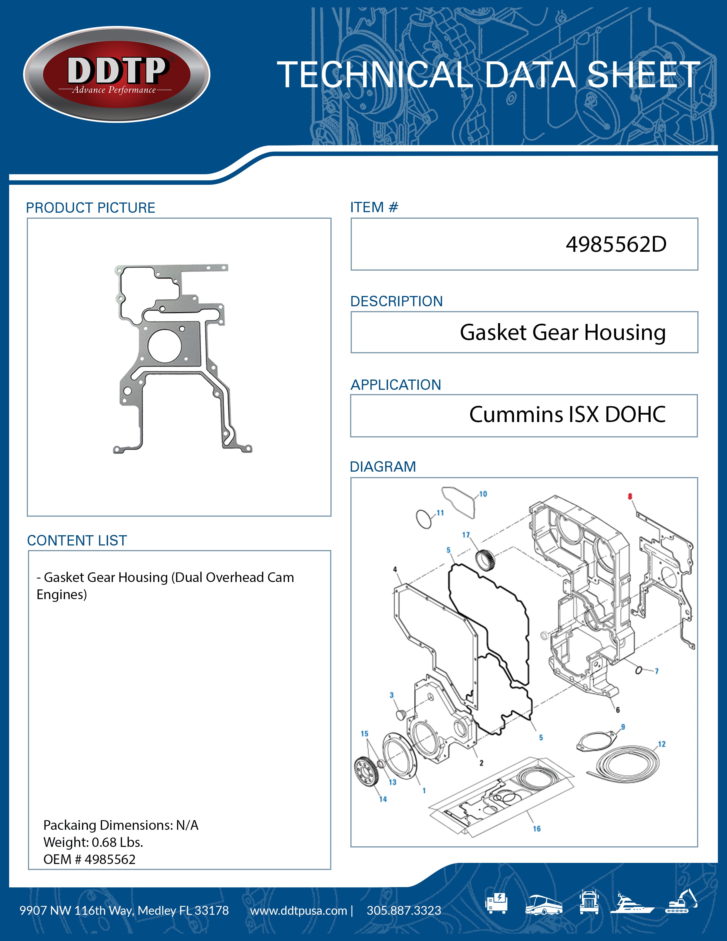 Cummins ISX Dual Overhead Camshaft Gasket Gear Housing Replacement Part 4985562 - Perfect for Engine Repair & Maintenance of Heavy Duty Trucks
