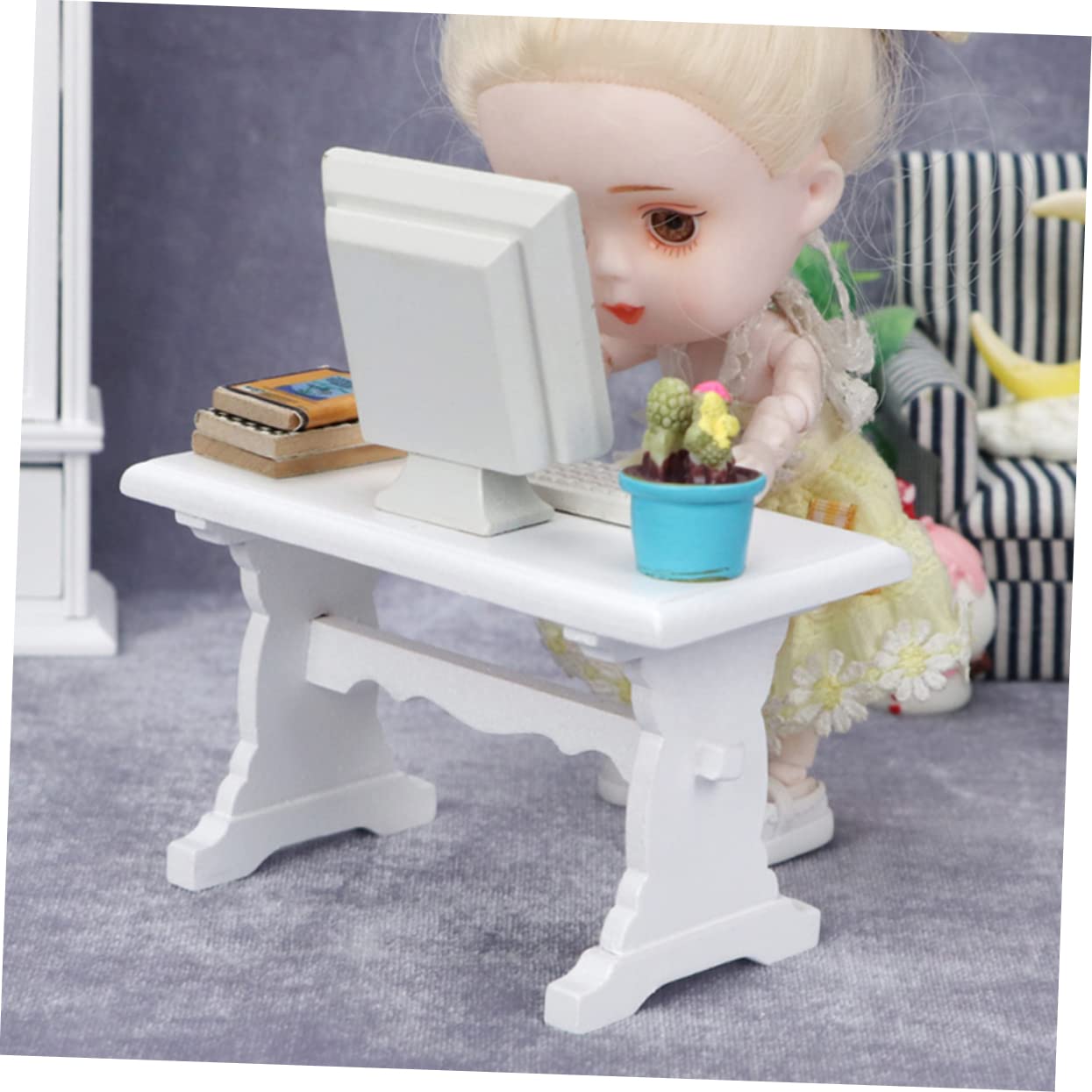 1:12 Scale Miniature White Wooden Computer Desk - Dollhouse Mini Furniture for Study & Office - Perfect for Dollhouse, Mini Model House, and DIY Miniature Scenes