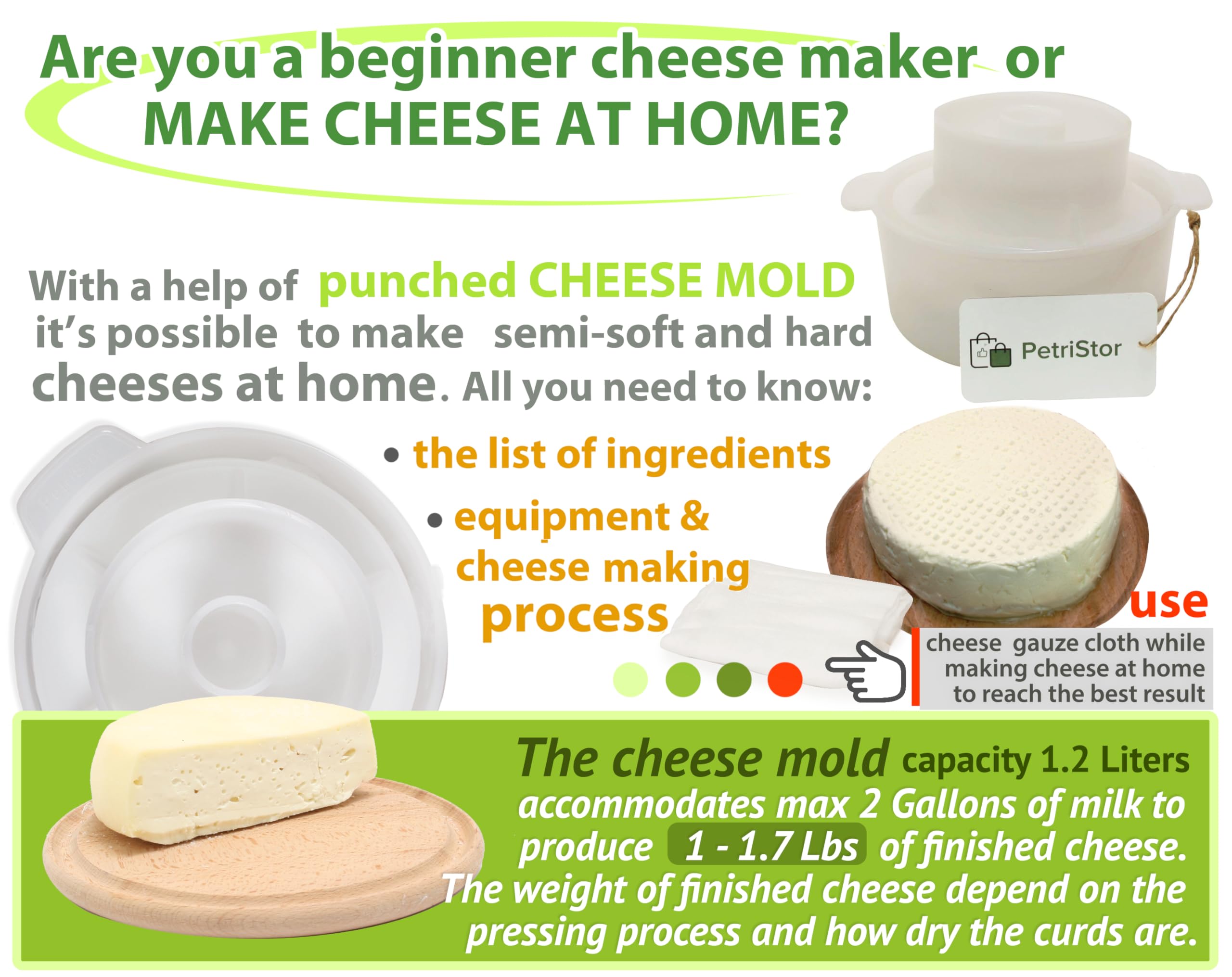 PetriStor 1.3QT Cheese Making Kit - Stainless Steel Cheese Mold with Follower Piston & Cheesecloth for Homemade Paneer, Cheddar & Artisan Cheeses | Perfect for DIY Cheese Press, Cheese Form Mold & Cheese Making Basket | Ideal for Home Cheesemaking, Gifts & Culinary Classes