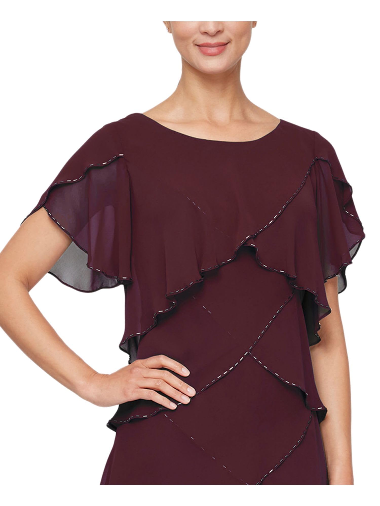 Elegant Women's Short Tulip Sleeve Tiered Chiffon Cocktail Dress for Wedding Guest, Party & Special Occasions - Petite & Regular Sizes Available | S.L. Fashions