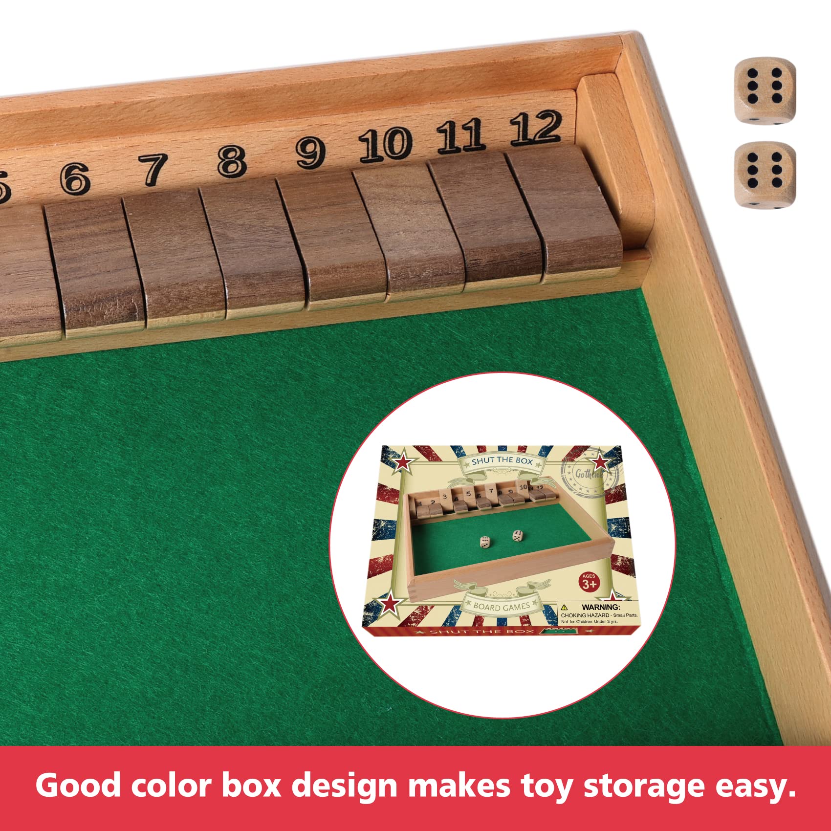 GOTHINK Shut The Box Wooden Board Dice Game - 12 Number Classic Math Tabletop Game with 2 Dice for Kids & Adults | Fun Family Game Night, Classroom Learning, Pub Entertainment & Home Party Activity