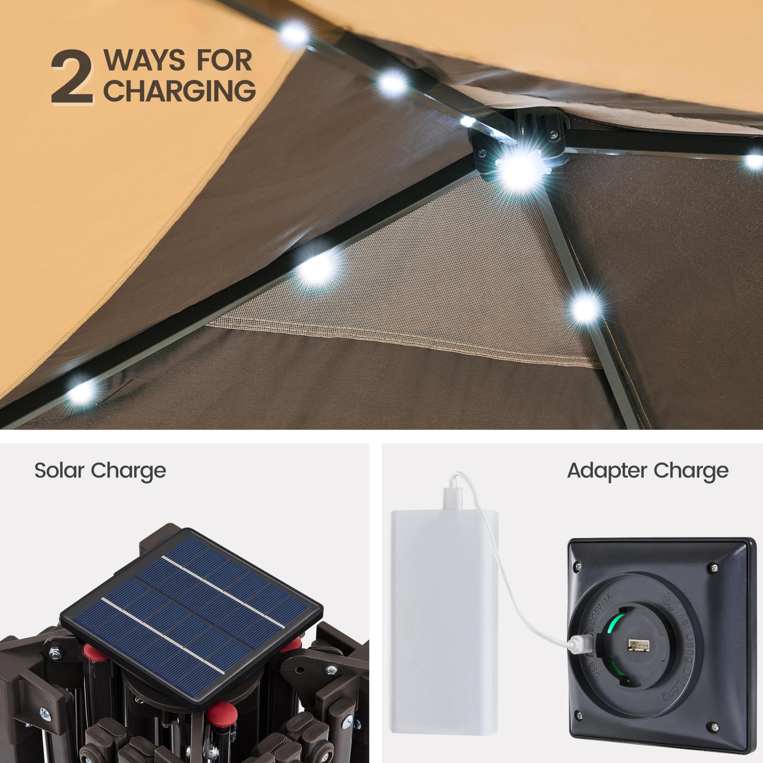 Topeakmart 11x11Ft Outdoor Pop Up Gazebo Canopy with Mesh Netting & Solar LED Lights - Patio Garden Shade Shelter for Backyard, Camping, Picnics (Khaki & Brown)
