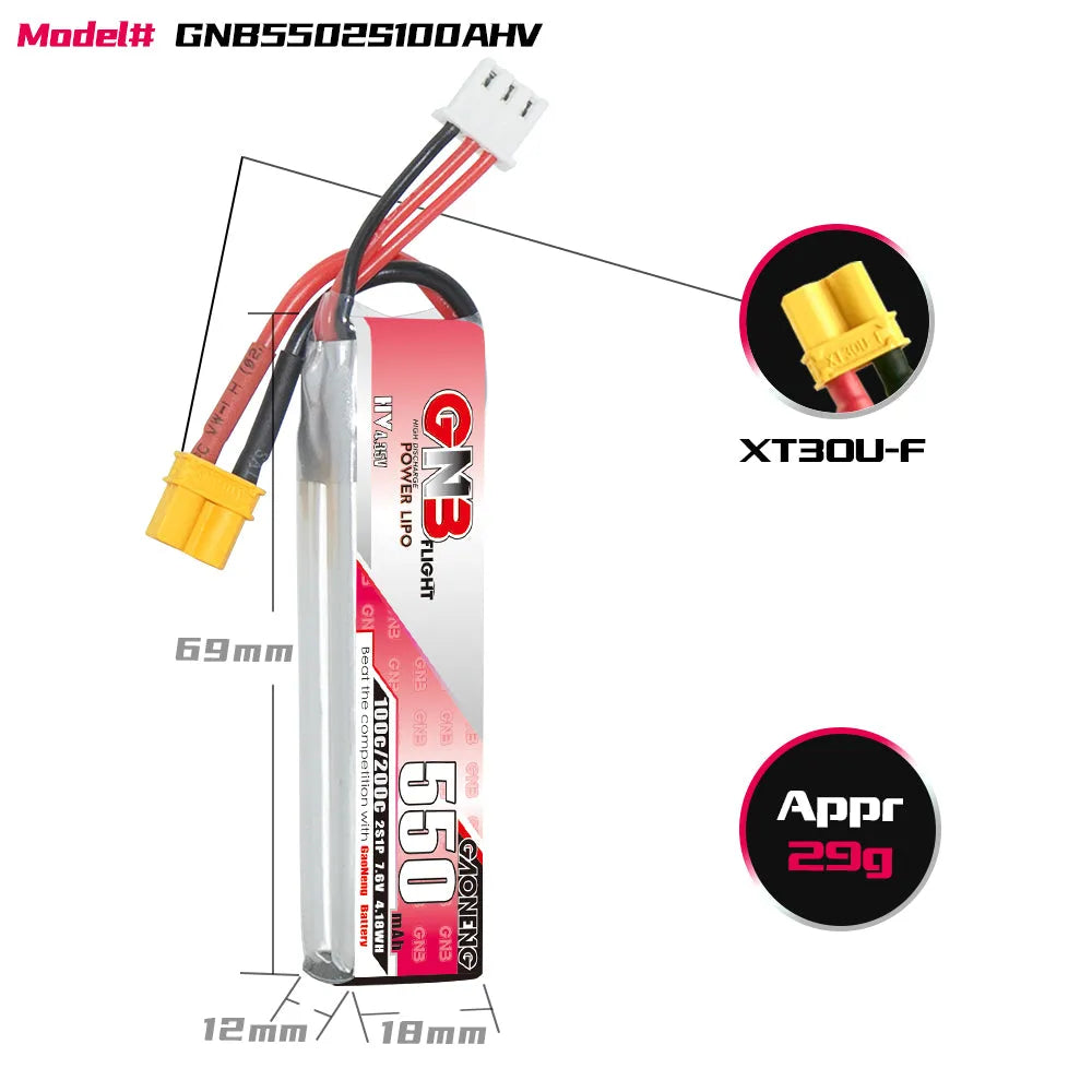 GNB 550mAh 7.6V 2S 100C HV Lipo Battery with XT30 Plug (2-Pack) - High Performance for RC Drones, FPV Racing, and Mini Quadcopters