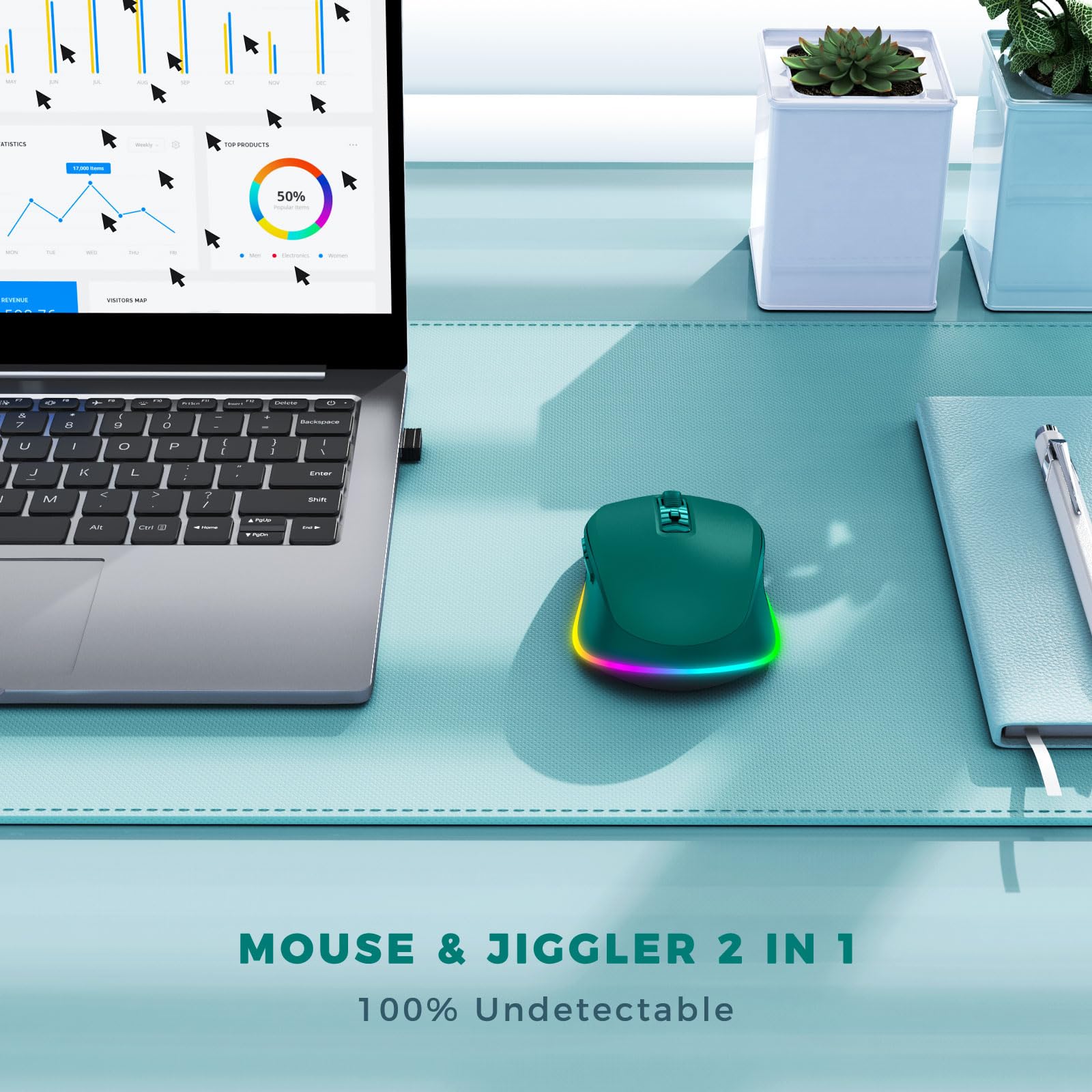 PEIOUS Wireless Mouse Jiggler with Undetectable Random Movement - Rechargeable LED Mouse Mover for Laptop, Keeps Computer Awake (Dark Green) - Perfect for Remote Work, Online Meetings & Preventing Sleep Mode