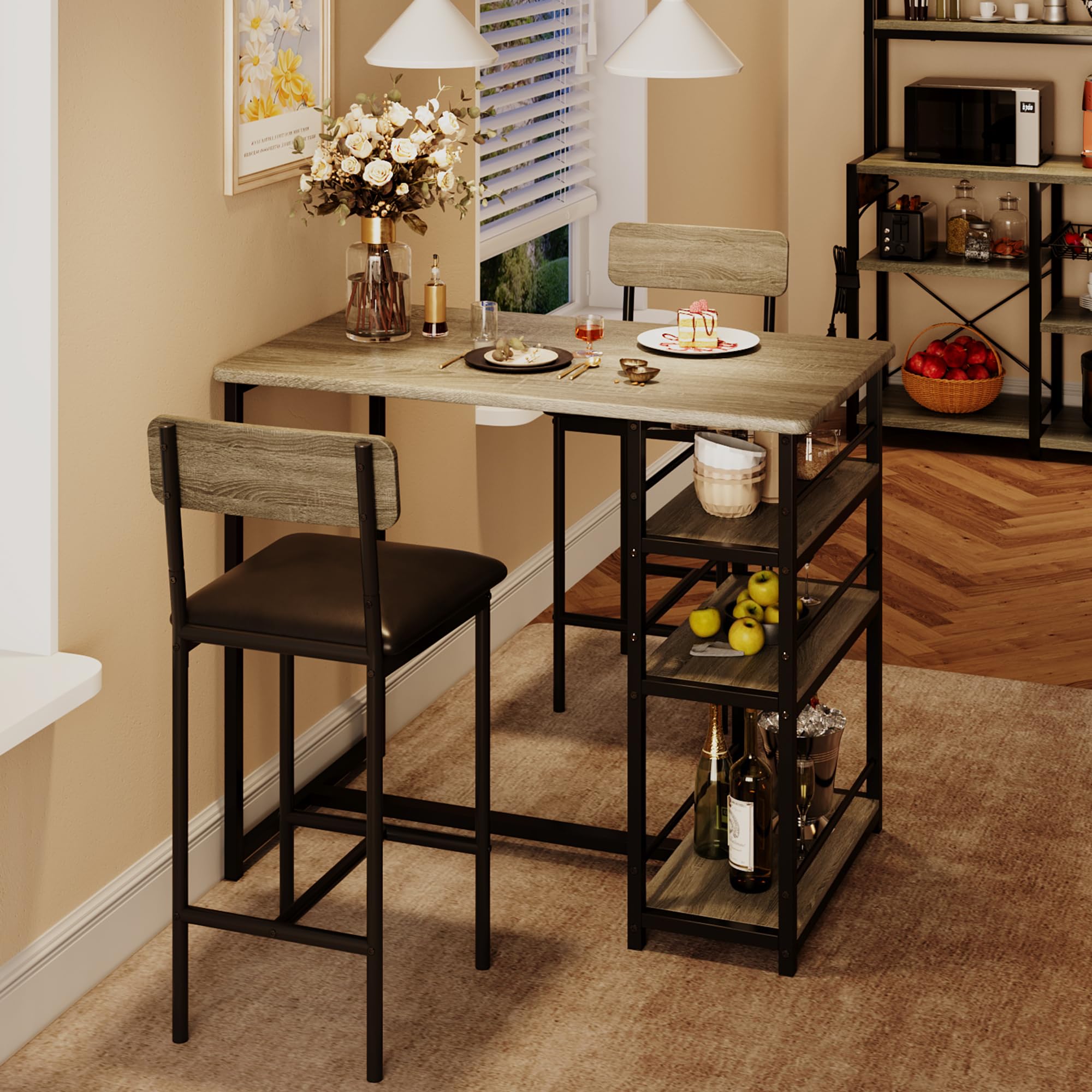 IDEALHOUSE 3-Piece Kitchen Dining Table Set with 2 Upholstered Chairs - Compact Bar Height Table for Small Spaces, Apartments, Breakfast Nooks & Pubs - Rustic Gray Finish - Perfect for Cozy Meals & Entertaining