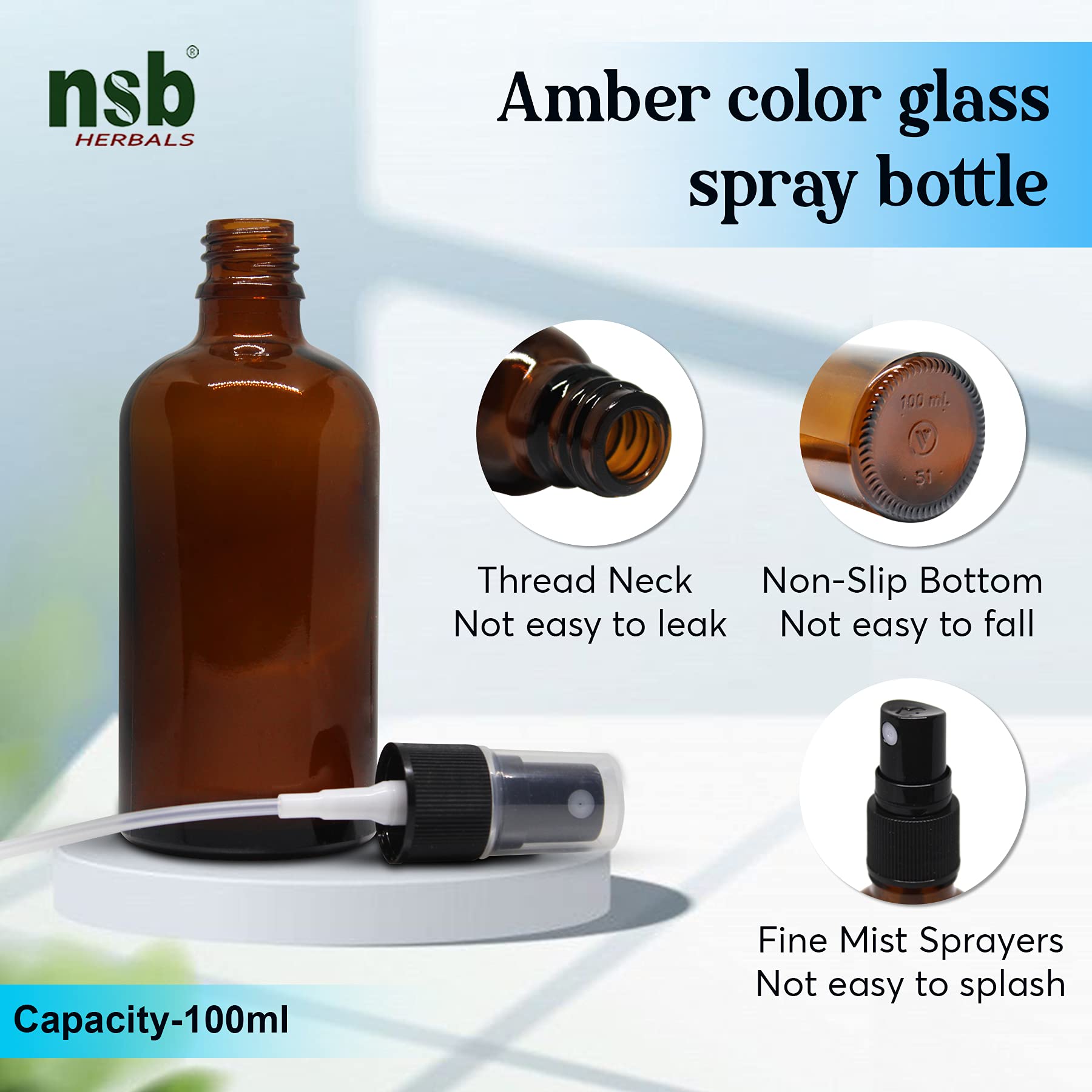 NSB Herbals 100ml Refillable Amber Glass Bottle with Fine Mist Spray Pump - Perfect for DIY Perfume, Essential Oils, Aromatherapy Blends, Facial Mists & Beauty Products (1-Pack, Black) - Ideal for Home, Travel & Skincare Routine