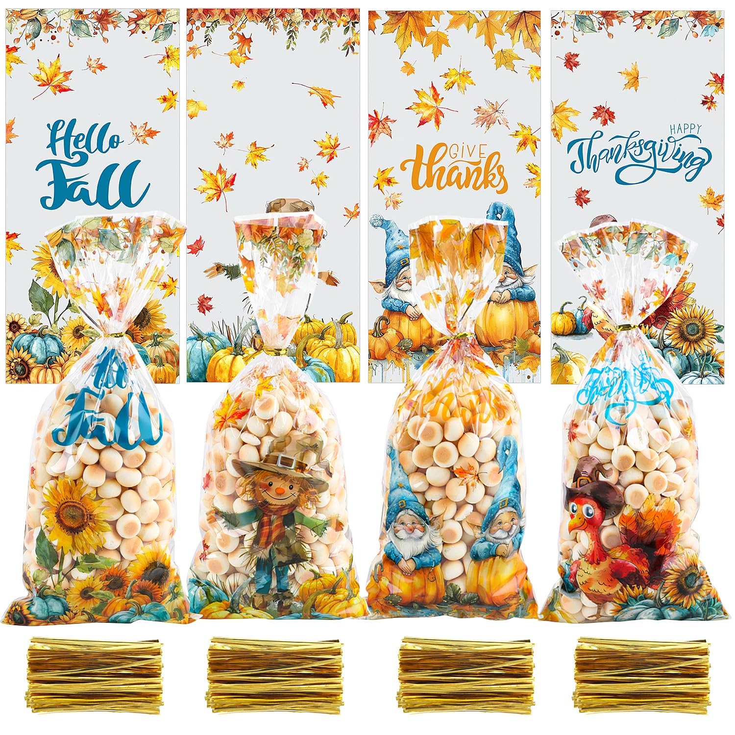 FOIMAS 160pcs Autumn Cellophane Treat Bags - Maple Leaf & Pumpkin Design Fall Thanksgiving Candy Bags for Harvest Party Favors, Halloween Goodie Bags, School Classroom Snacks & Holiday Gift Packaging