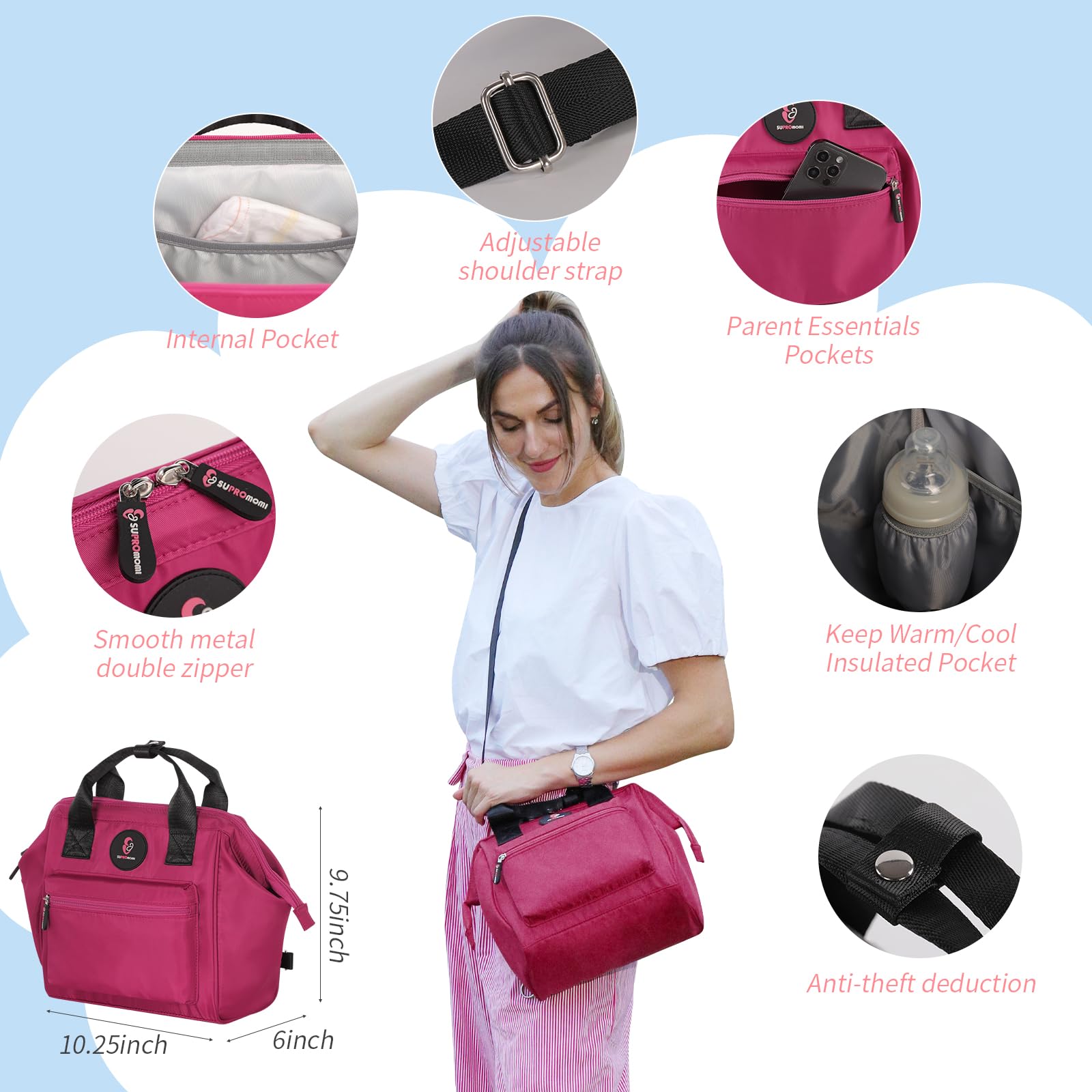 Cute Mini Diaper Backpack for Girls - Small Baby Tote Bag with Insulated Pockets | Perfect for Toddler Short Trips, Daycare & Travel | Violet Red