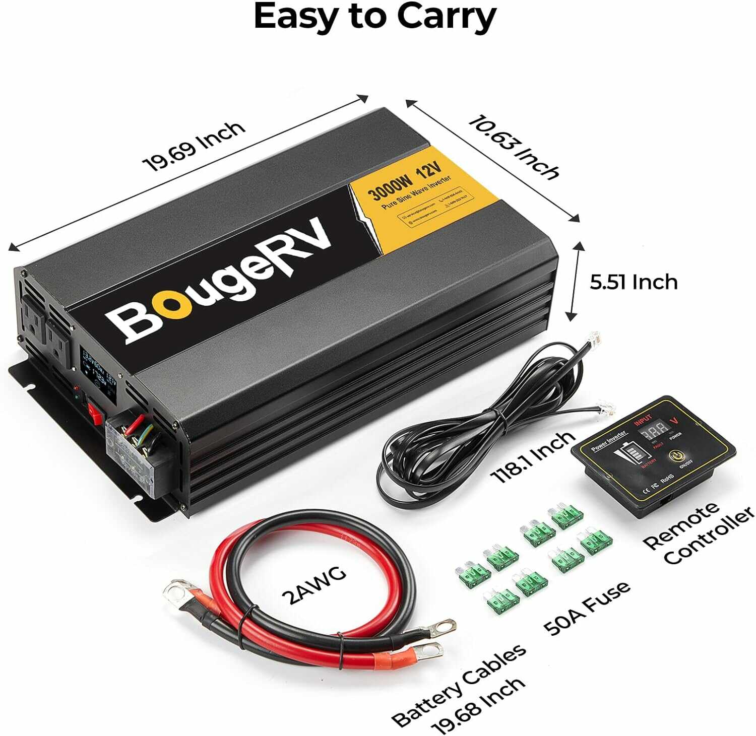 BougeRV 3000W 12V Pure Sine Wave Power Inverter for RV, Truck, Boat & Off-Grid Solar System - Reliable AC Power Conversion for Appliances & Electronics