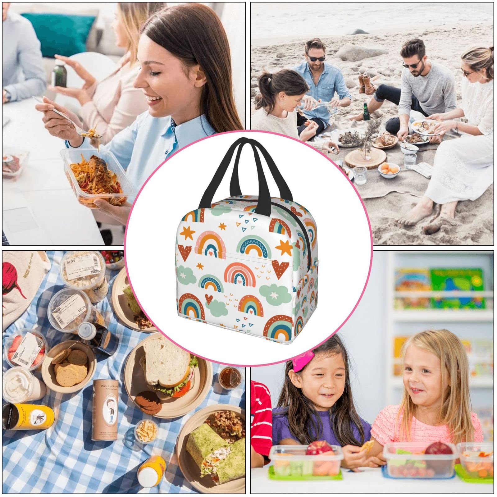 Boho Rainbows and Clouds Insulated Lunch Box - Reusable Thermal Lunch Bag for Women & Men - Perfect for Office, School, Camping, Hiking, Picnic, Beach & Travel - Eco-Friendly Food Container for Work & Outdoor Activities