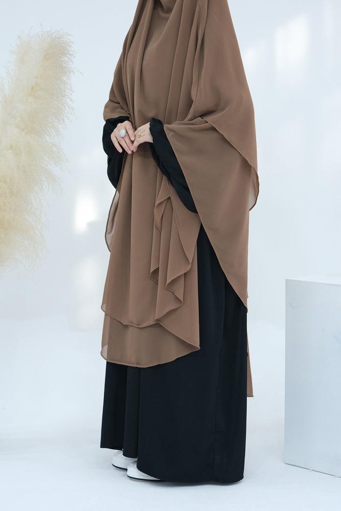 Extra Long Khaki Two Layer Chiffon Khimar Scarf - Elegant Muslim Prayer Shawl for Women, Perfect for Eid, Ramadan & Special Occasions - Lightweight & Breathable Hijab for Daily Wear & Formal Events