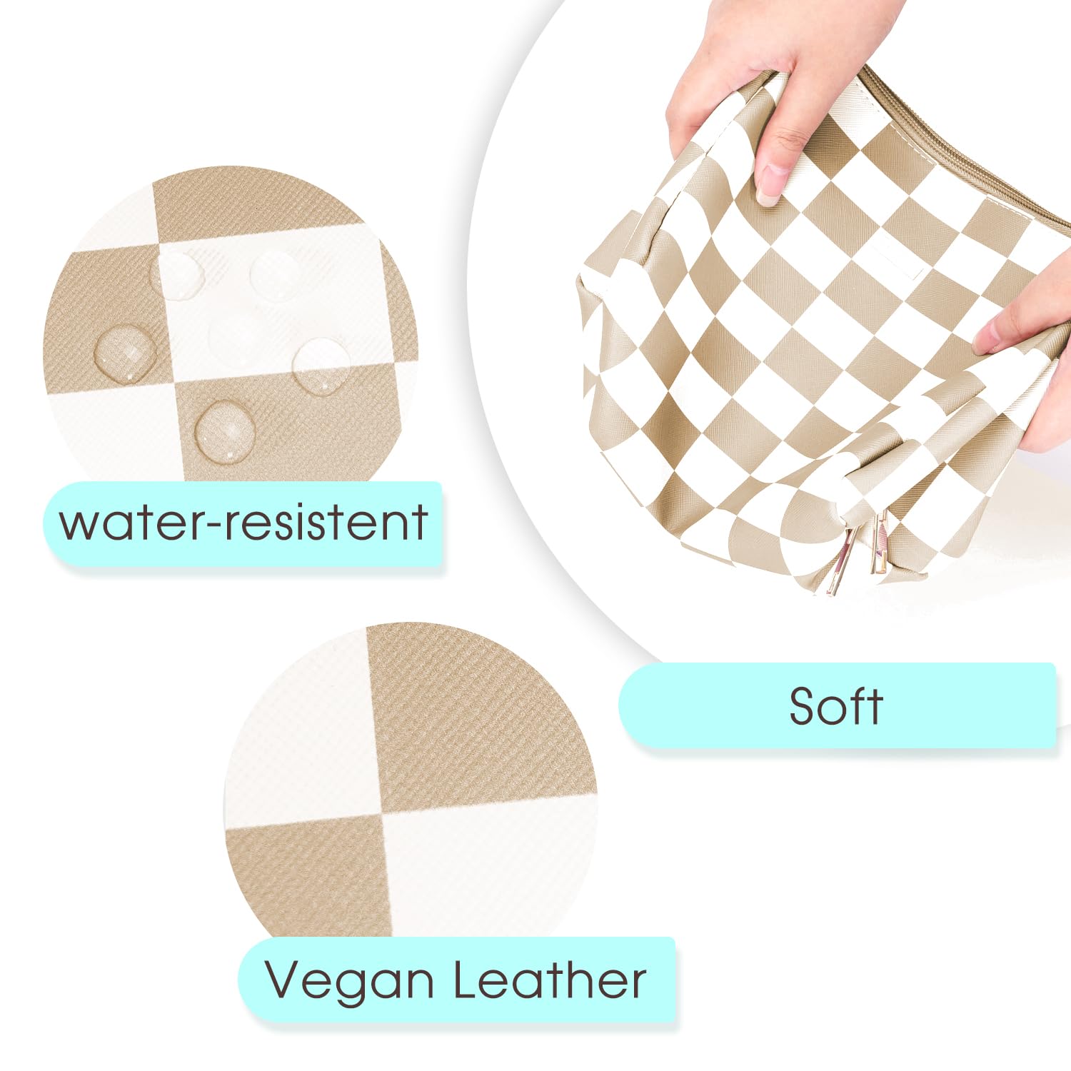 PU Leather Checkered Makeup Bag for Women - Large Light Checkerboard Travel Cosmetic Organizer with Multiple Pockets | Perfect for Travel, Daily Use & Gift Giving
