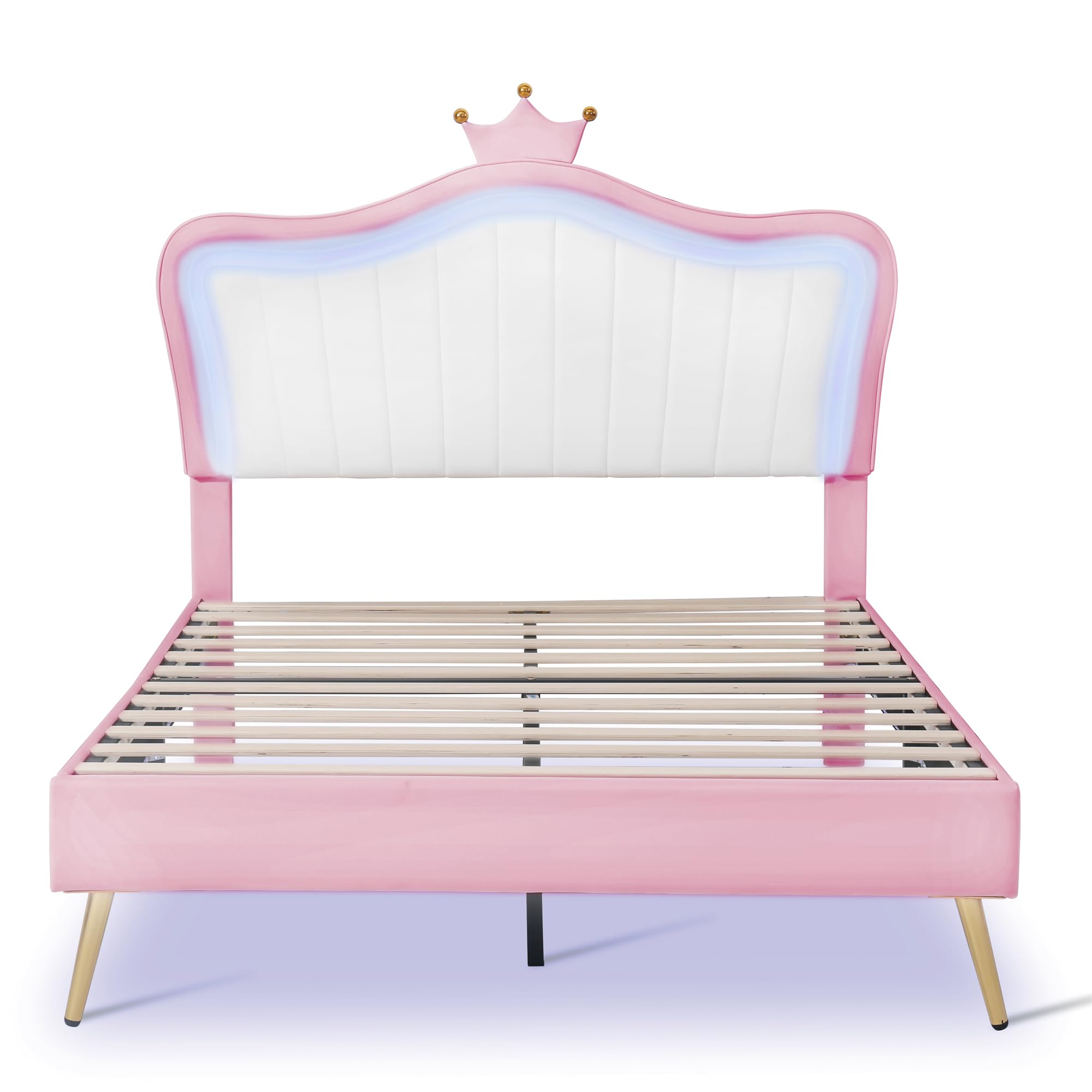 Harper & Bright Designs Full Size Princess Bed with Crown Headboard & LED Lights, PU Upholstered Platform Bed Frame with Adjustable Headboard for Kids, Boys & Girls - White & Pink | Perfect for Bedroom Decor, Kids' Room, Princess Themed Nursery & Sleepovers