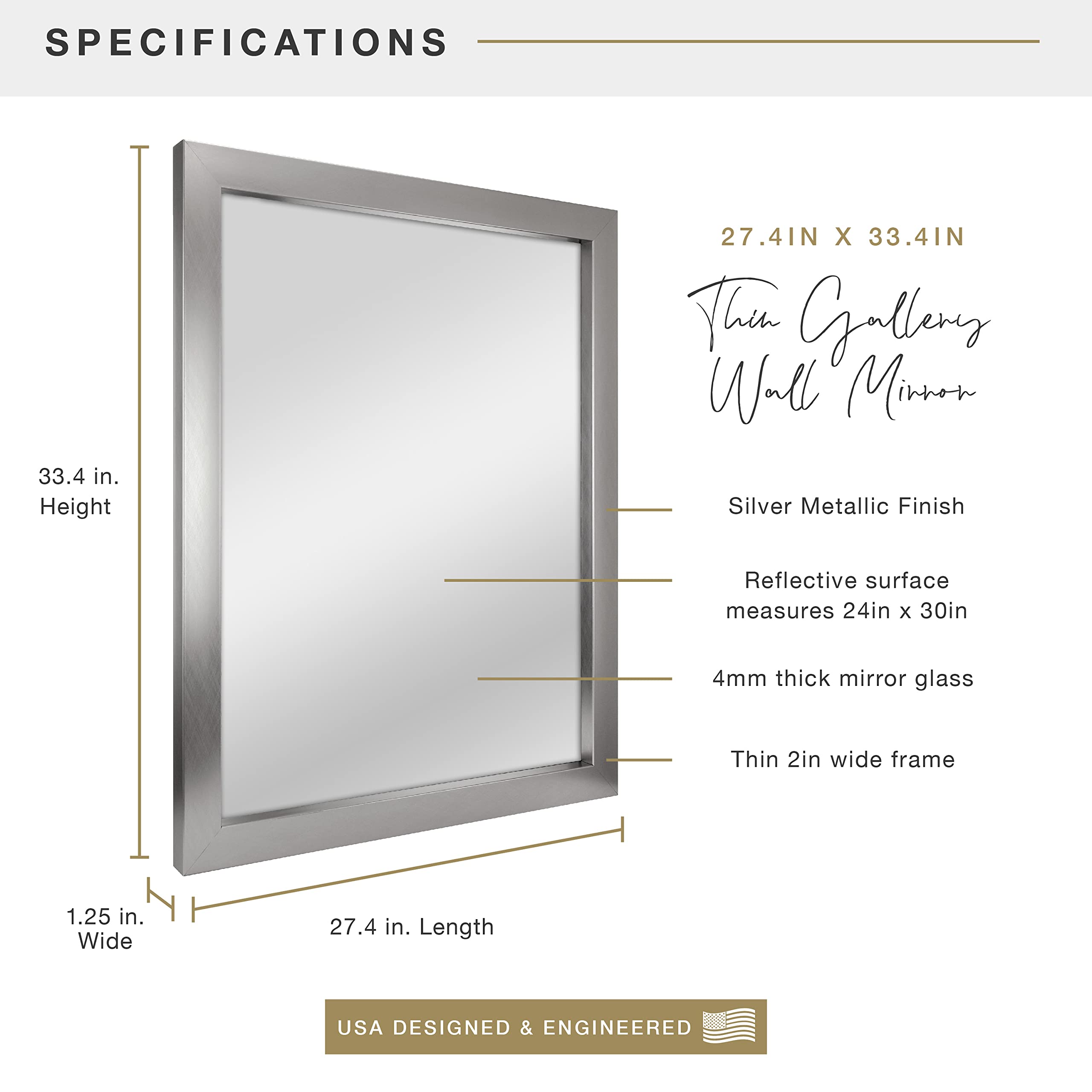 MCS 27.4x33.4 Inch Thin Gallery Wall Large Mirror - Silver Vertical & Horizontal Hanging Mirror for Bathroom, Bedroom & Living Room Decor - Perfect for Vanity, Entryway & Home Styling
